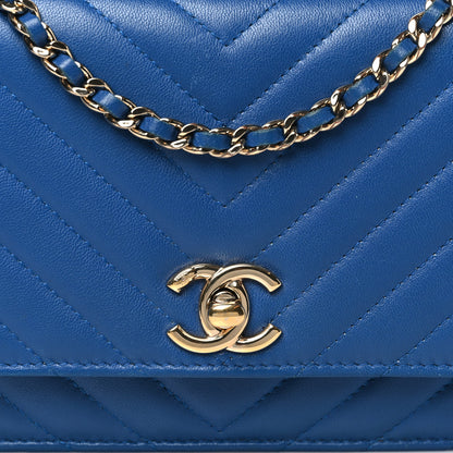 Chanel Lambskin Chevron Quilted Trendy CC Wallet On Chain WOC Blue 9 of 11