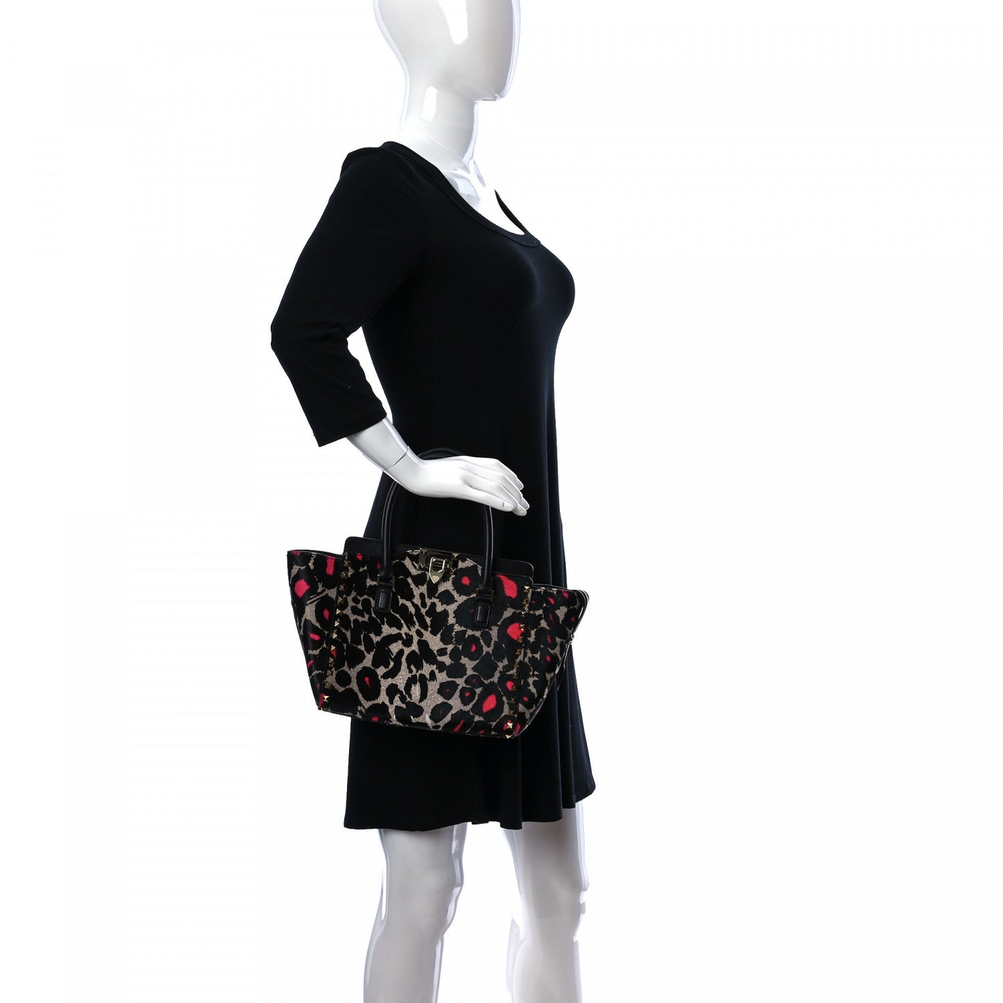 Calf Hair Leopard Print Small Rockstud Double Handle Tote Grey Pink