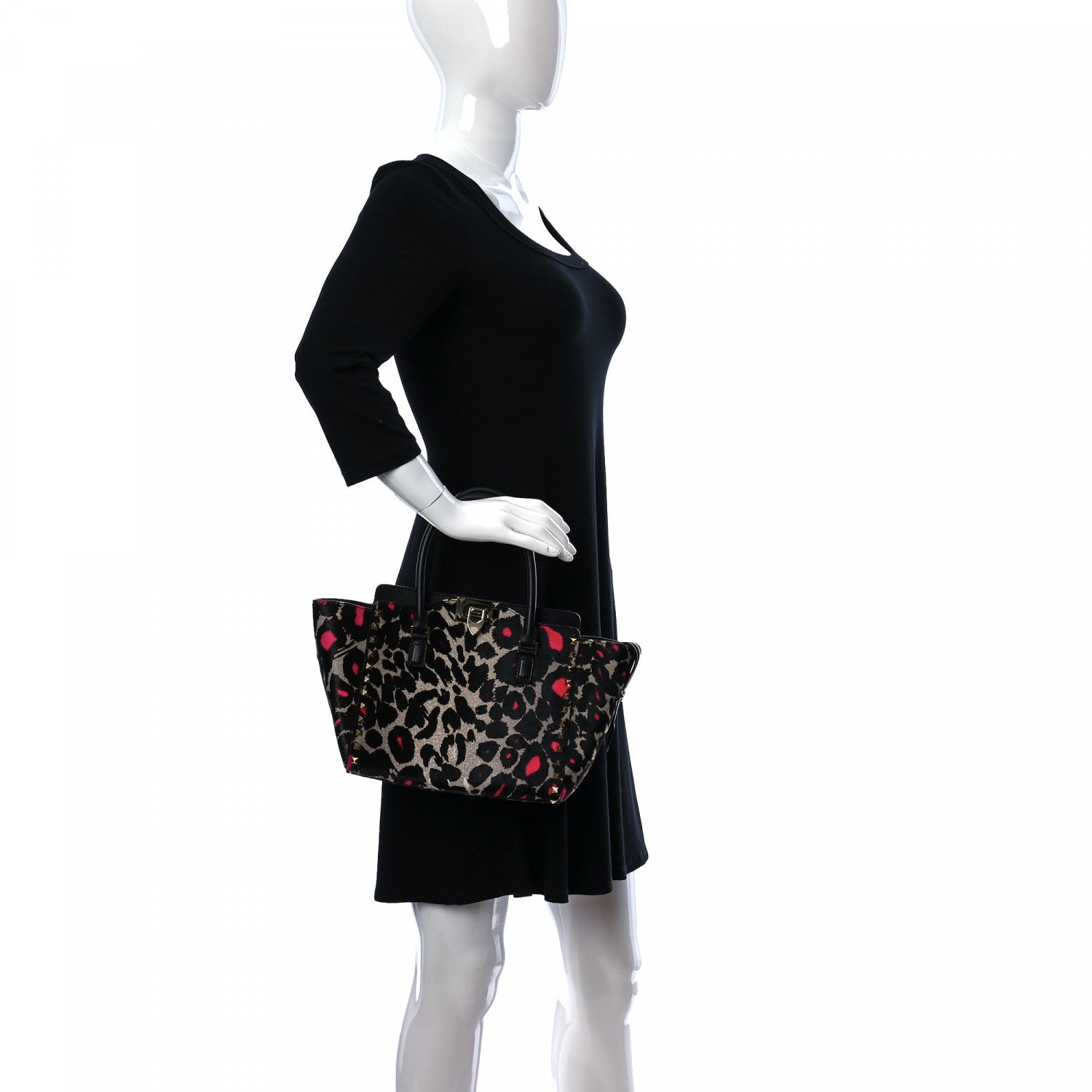 Valentino Garavani Calf Hair Leopard Print Small Rockstud Double Handle Tote Grey Pink 2 of 9
