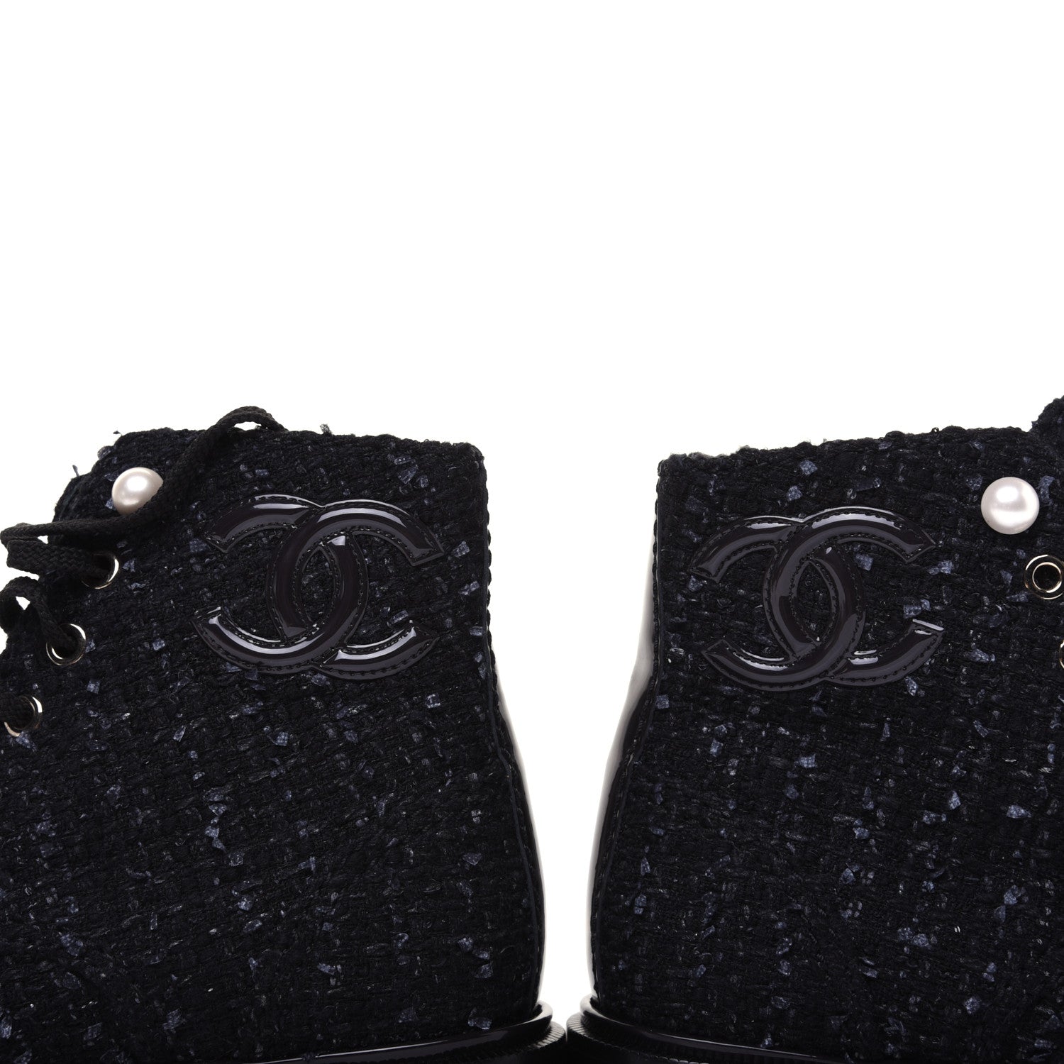 Chanel Tweed Patent Calfskin Pearl Combat Short Boots 36.5 Black Grey Blue 7 of 10