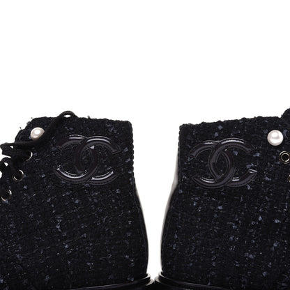 Chanel Tweed Patent Calfskin Pearl Combat Short Boots 36.5 Black Grey Blue 7 of 10