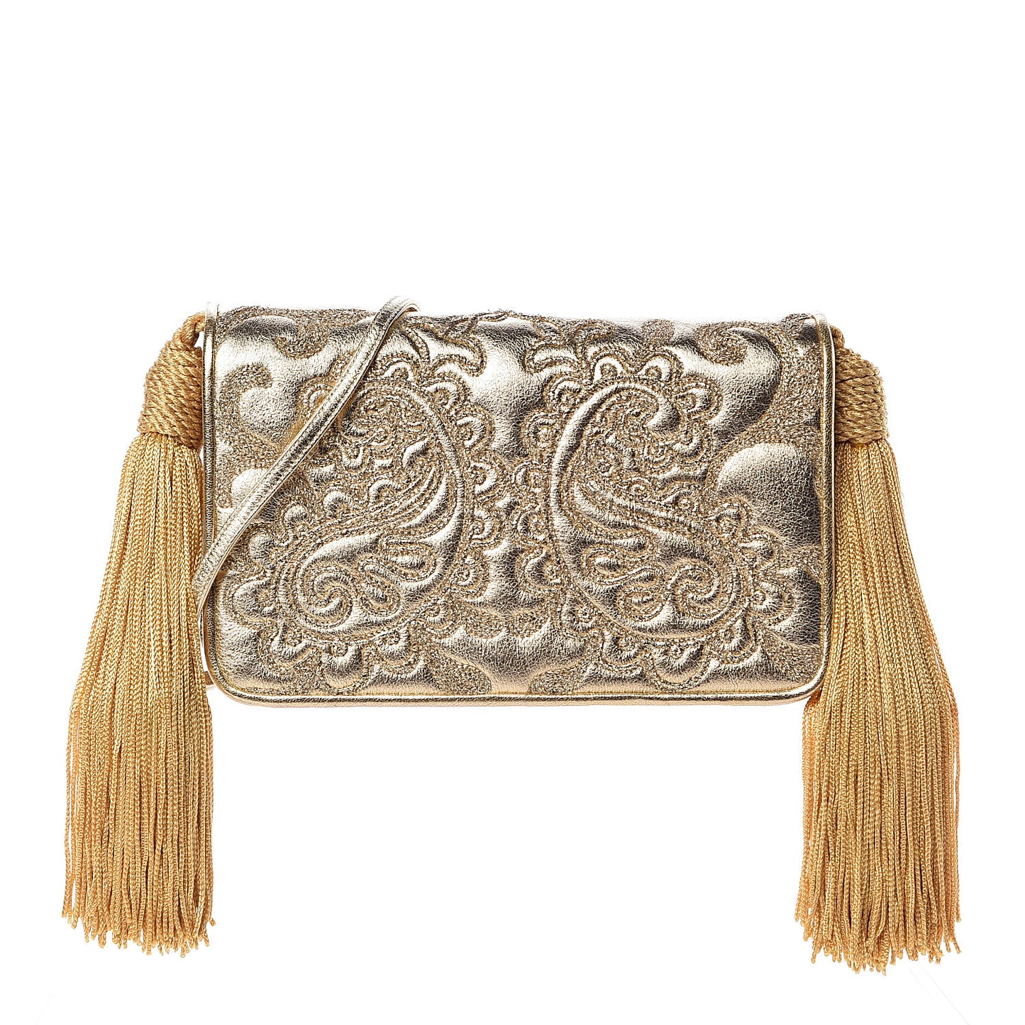 Metallic Calfskin Embroidered Tassel Shoulder Bag Gold