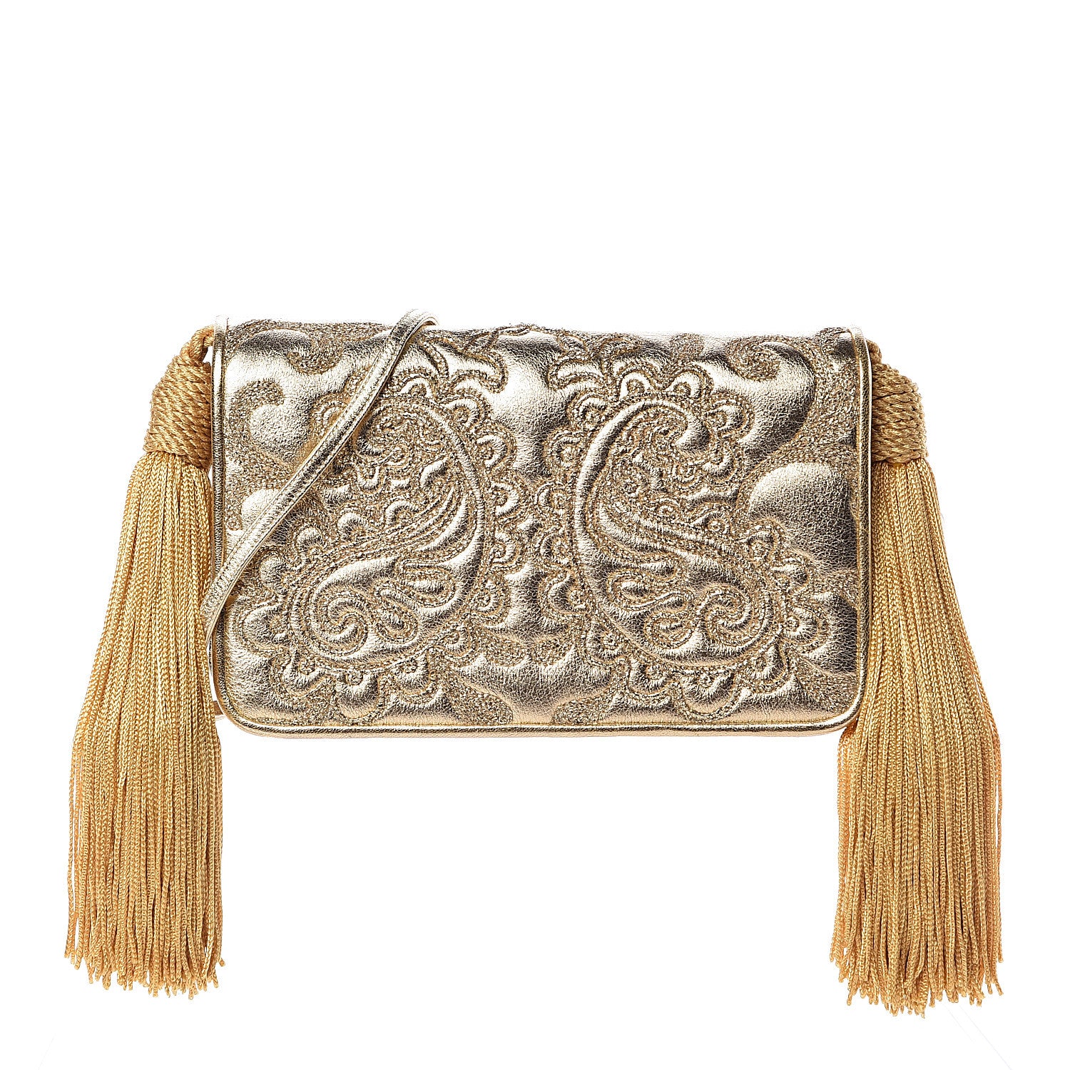 Judith Leiber Metallic Calfskin Embroidered Tassel Shoulder Bag Gold 1 of 11