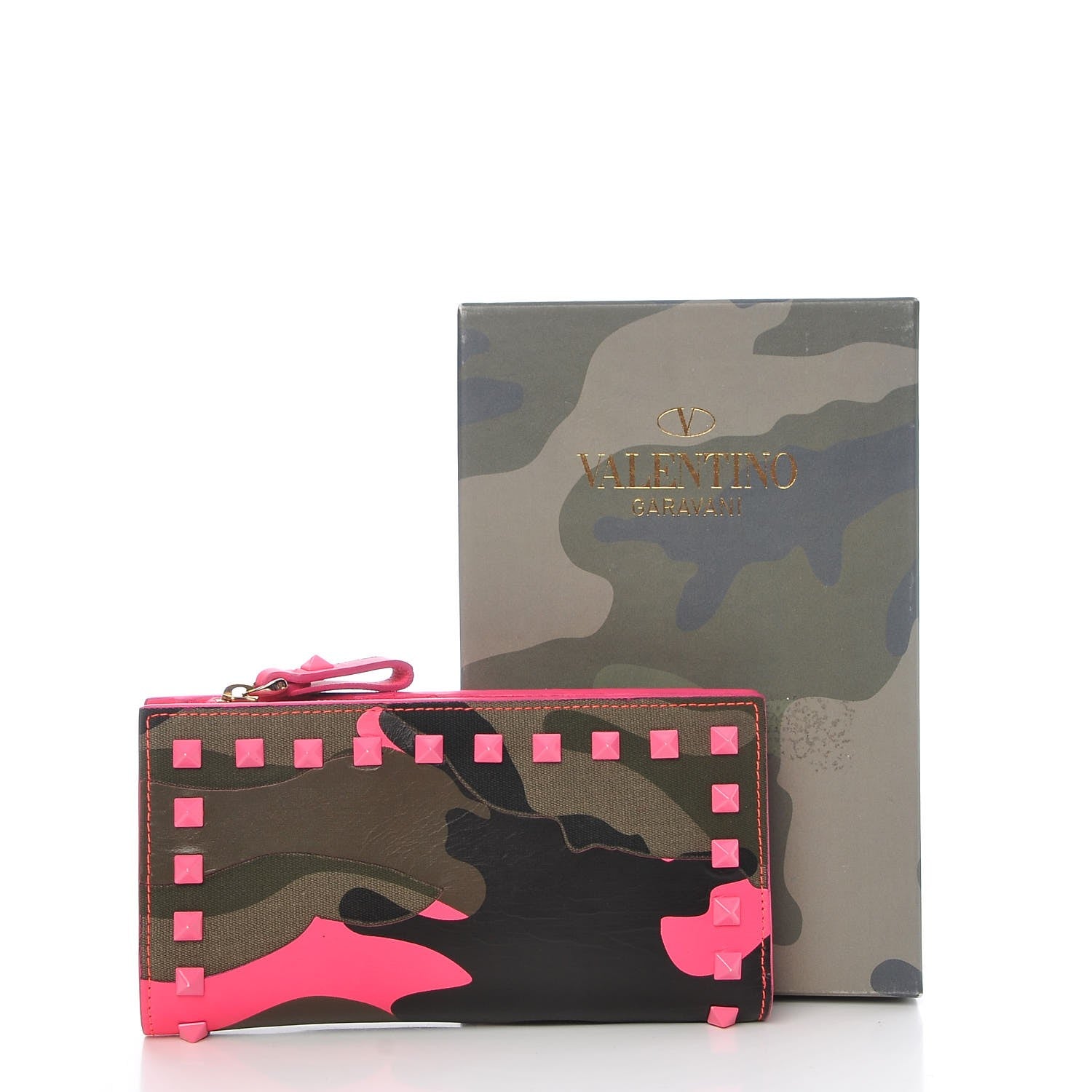 Valentino Garavani Nappa Canvas Camouflage Rockstud Continental Wallet Fuxia Fluo 10 of 10