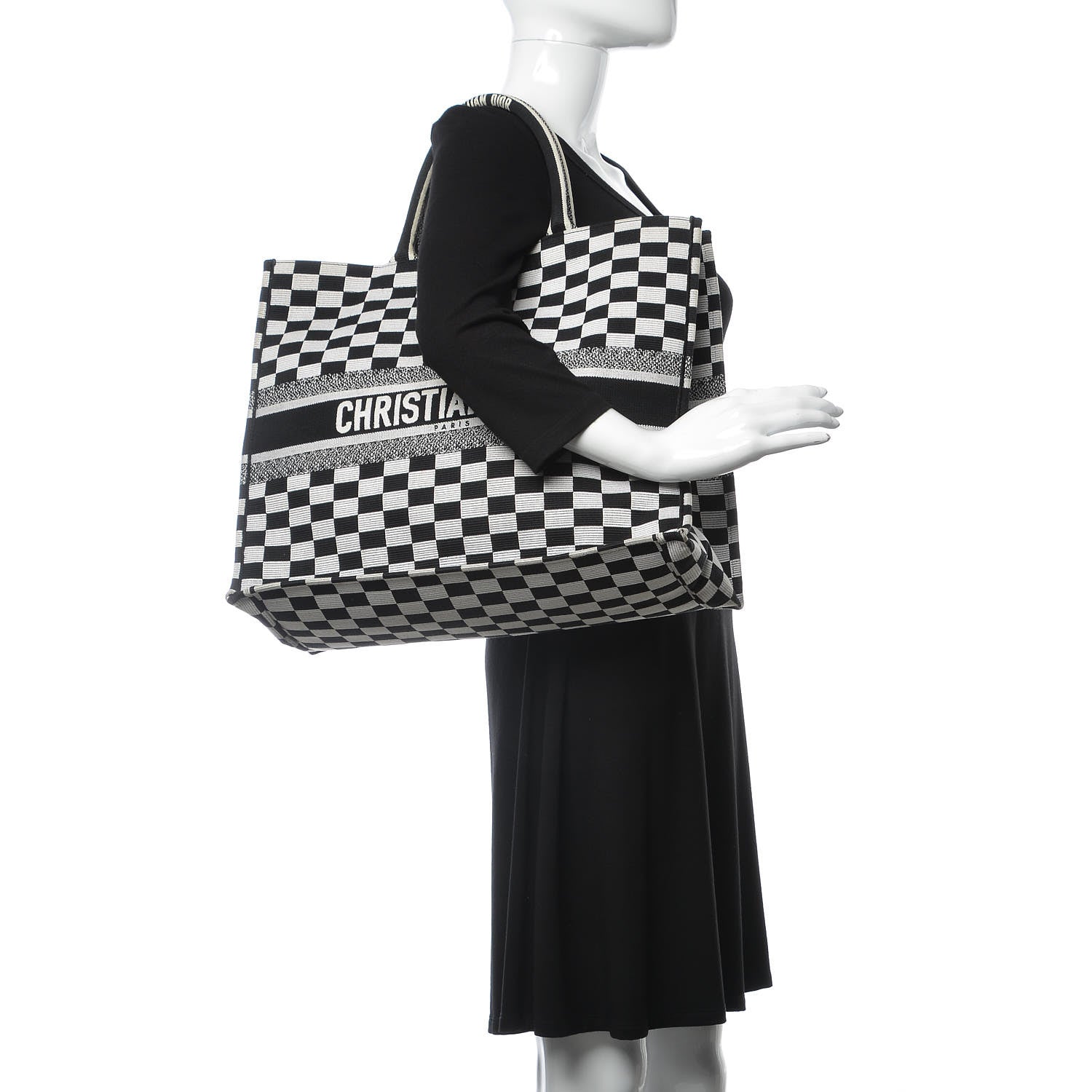 Christian Dior Canvas Embroidered Checkered Book Tote Black White 2 of 14