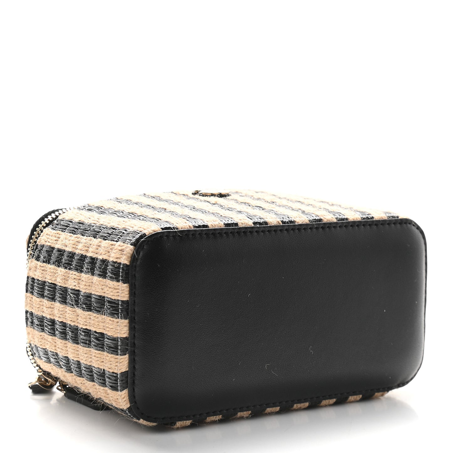 Raffia Jute Striped Small Vanity Case With Chain Black Beige