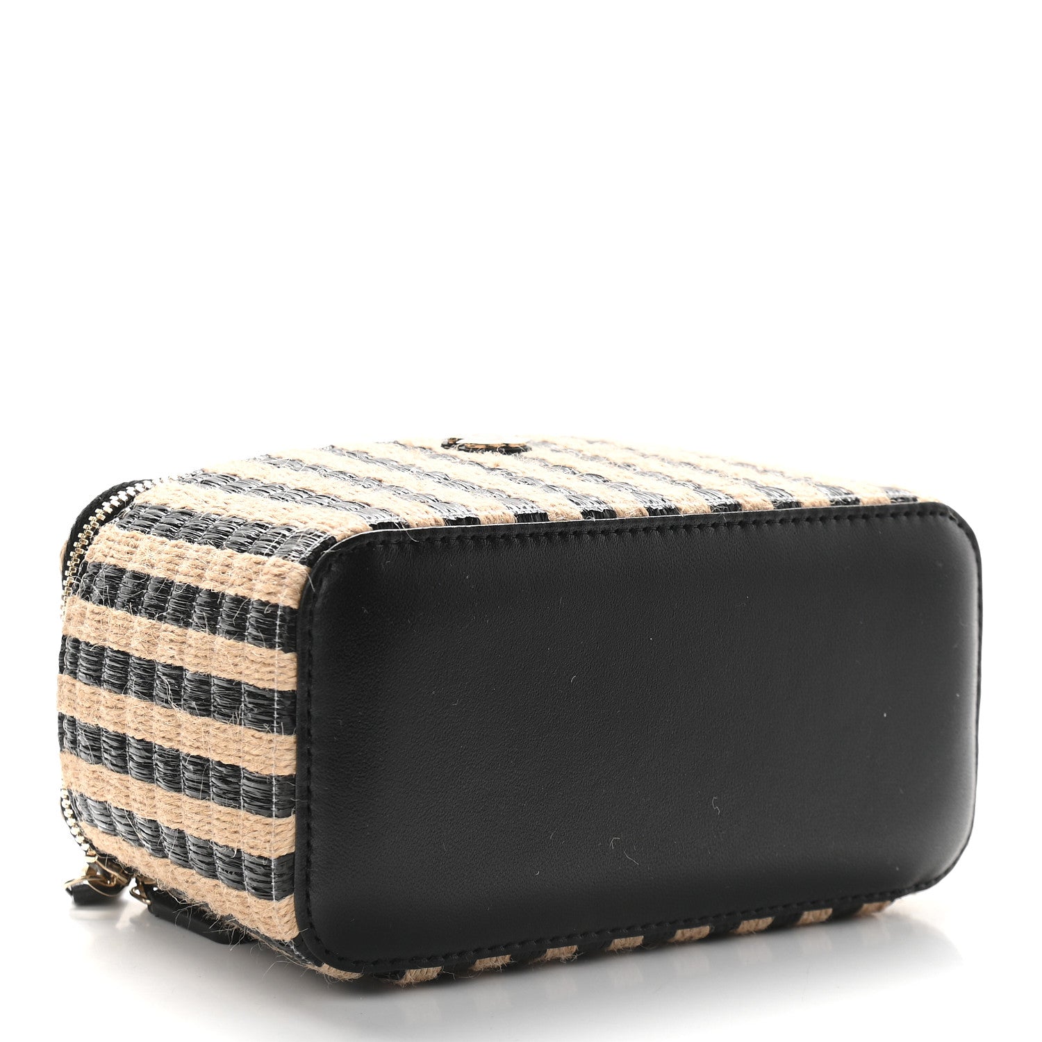 Chanel Raffia Jute Striped Small Vanity Case With Chain Black Beige 4 of 9