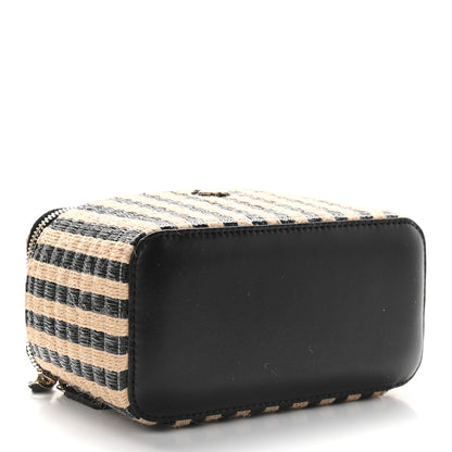 Chanel Raffia Jute Striped Small Vanity Case With Chain Black Beige 4 of 9