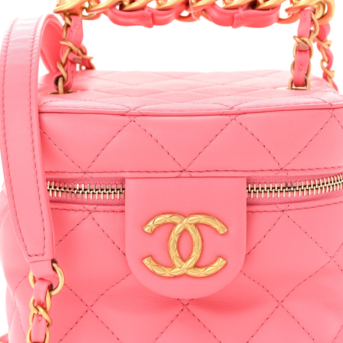 Calfskin Quilted Small Vanity Case With Chain Coral Pink