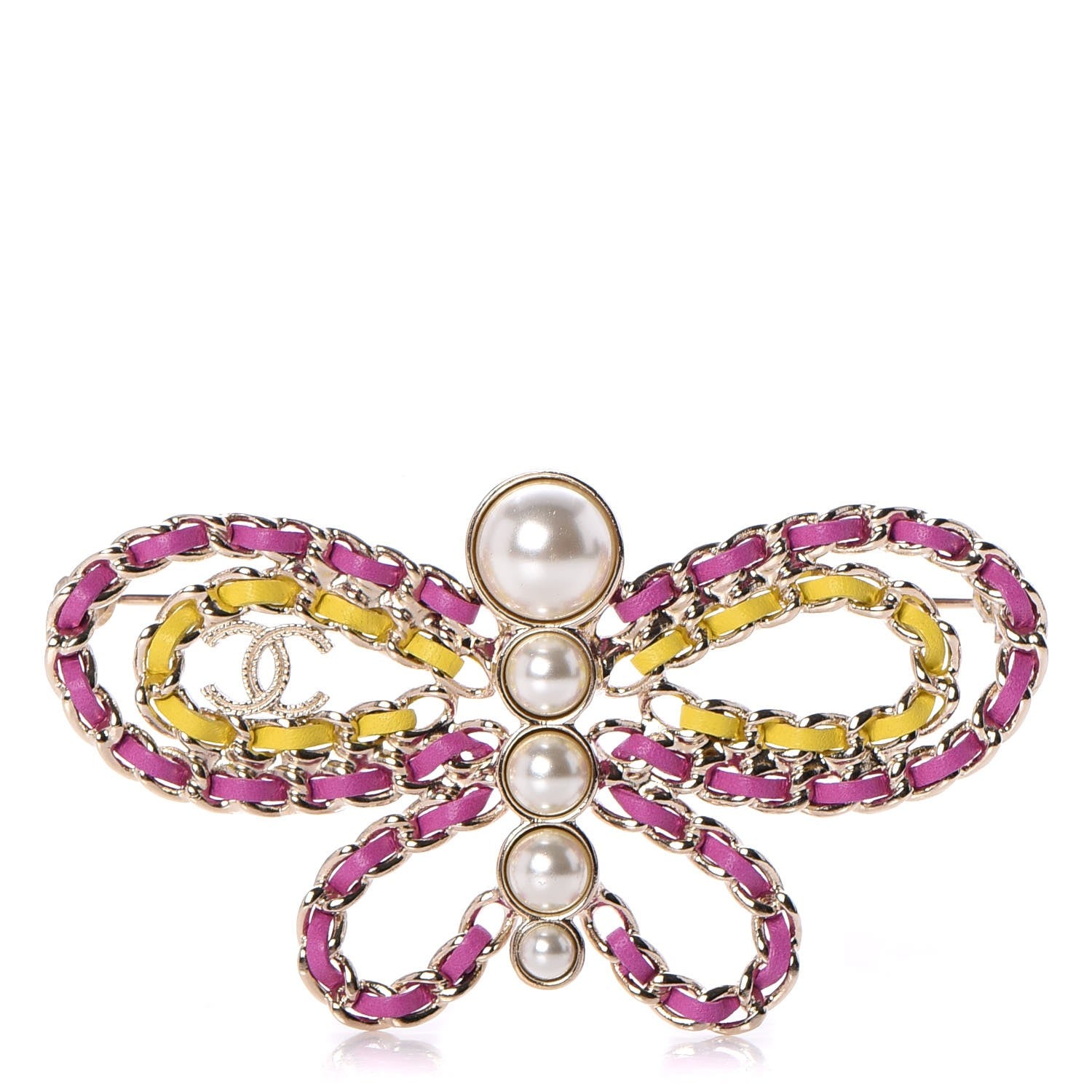 Chanel Lambskin Chain Pearl CC Butterfly Brooch Pink Yellow Gold 1 of 5
