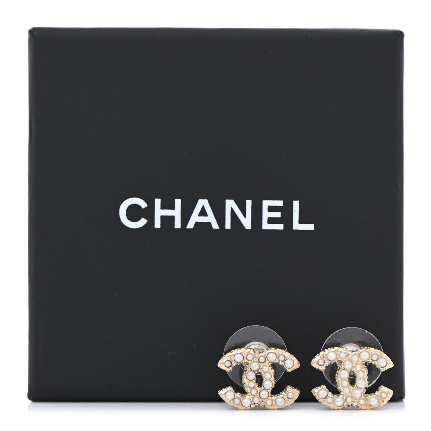 Pearl Crystal CC Stud Earrings Gold