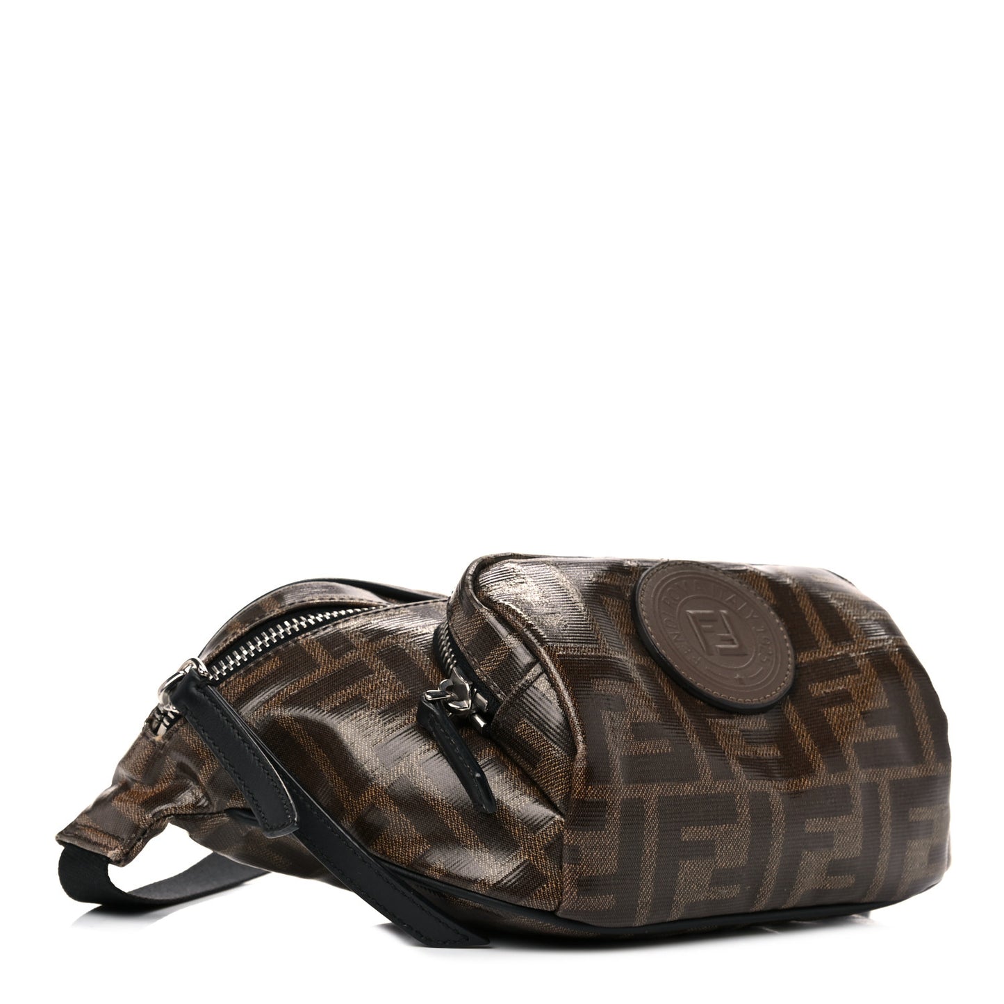 Glazed Fabric Vitello Century FF 1974 Stamp Patch Mens Pocket Belt Bag Mogano Panna Black
