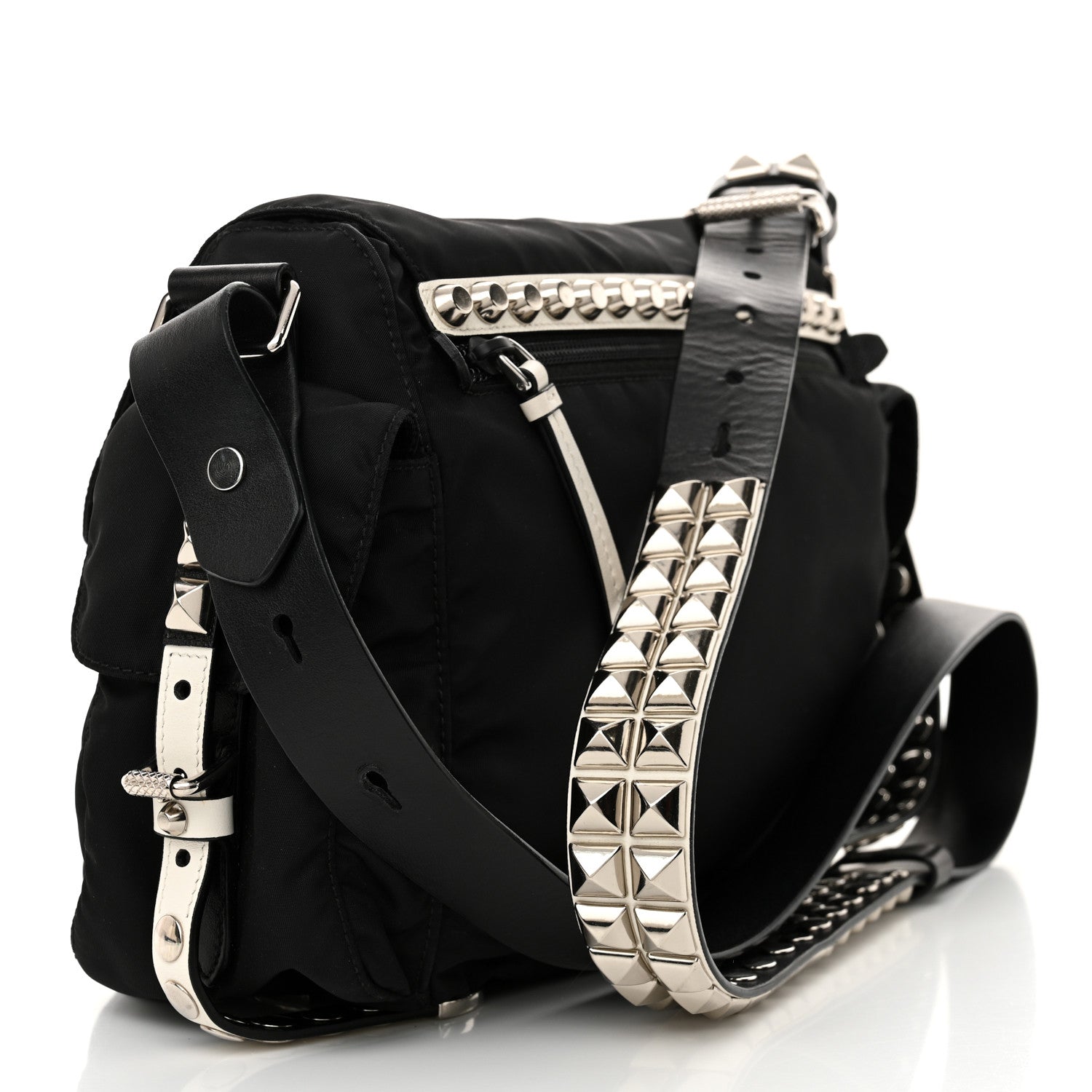 Prada Nylon New Vela Studded Messenger Black White 3 of 15