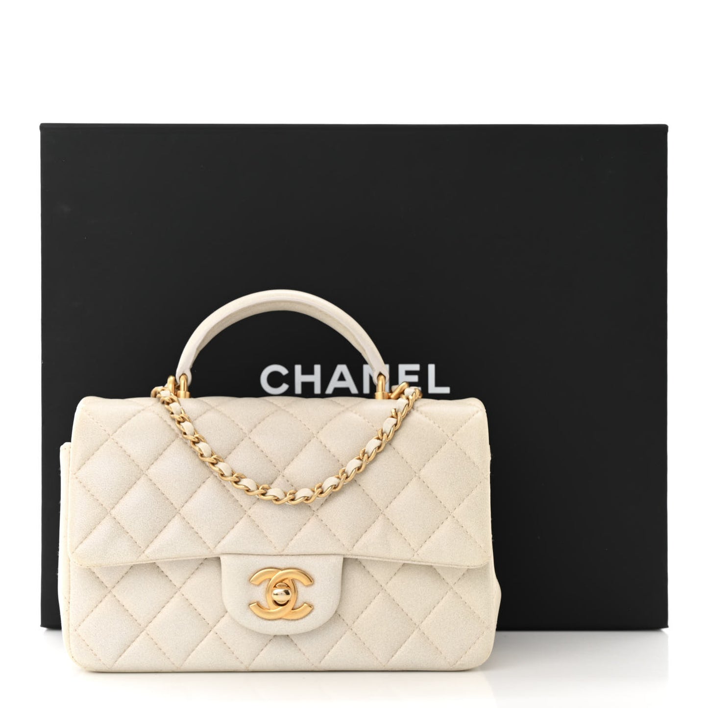 Iridescent Lambskin Quilted Mini Top Handle Rectangular Flap White