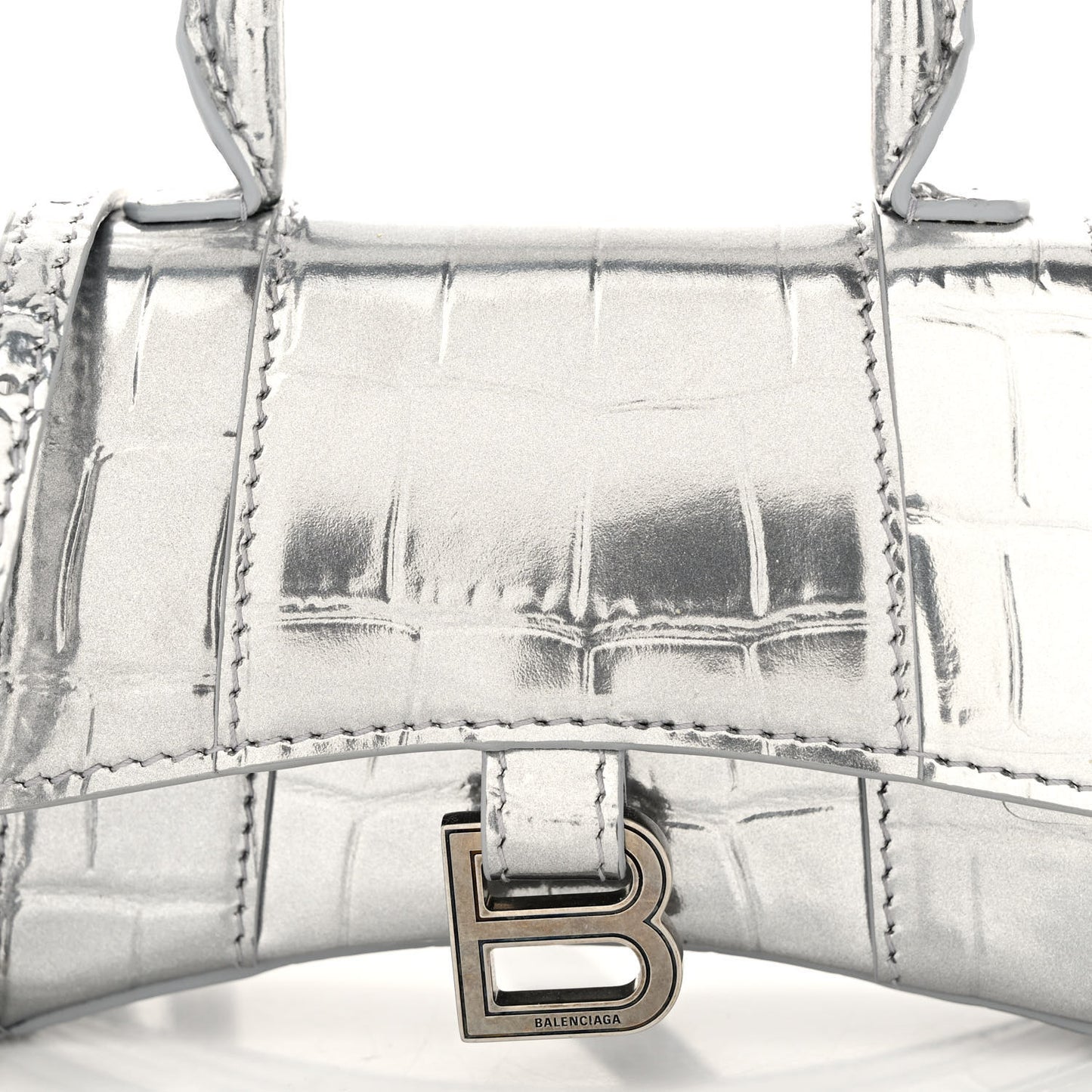 Metallic Calfskin Crocodile Embossed Hourglass Top Handle Bag Mini Silver