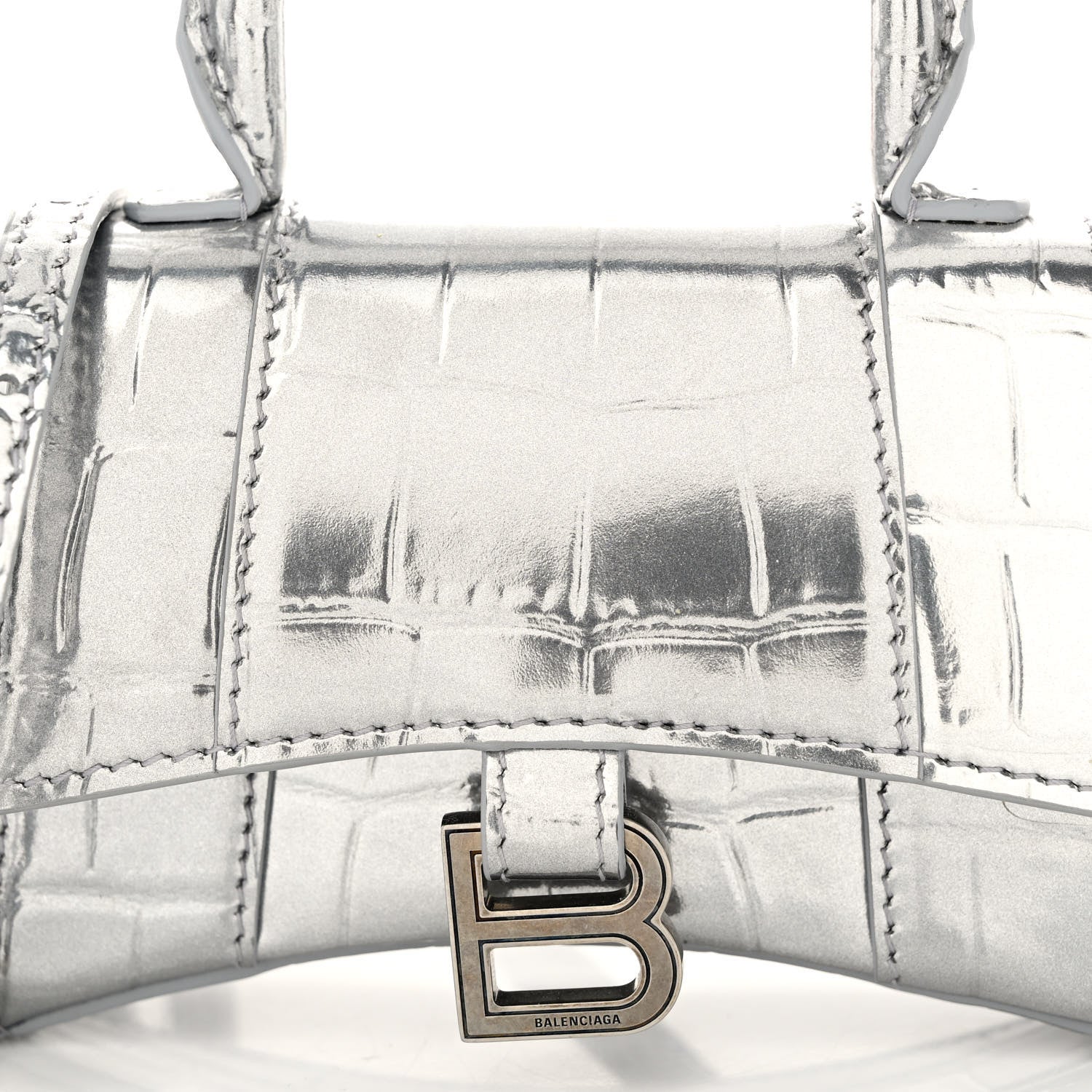 Balenciaga Metallic Calfskin Crocodile Embossed Hourglass Top Handle Bag Mini Silver 7 of 9