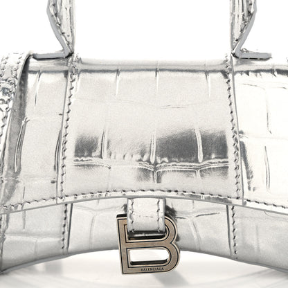 Balenciaga Metallic Calfskin Crocodile Embossed Hourglass Top Handle Bag Mini Silver 7 of 9