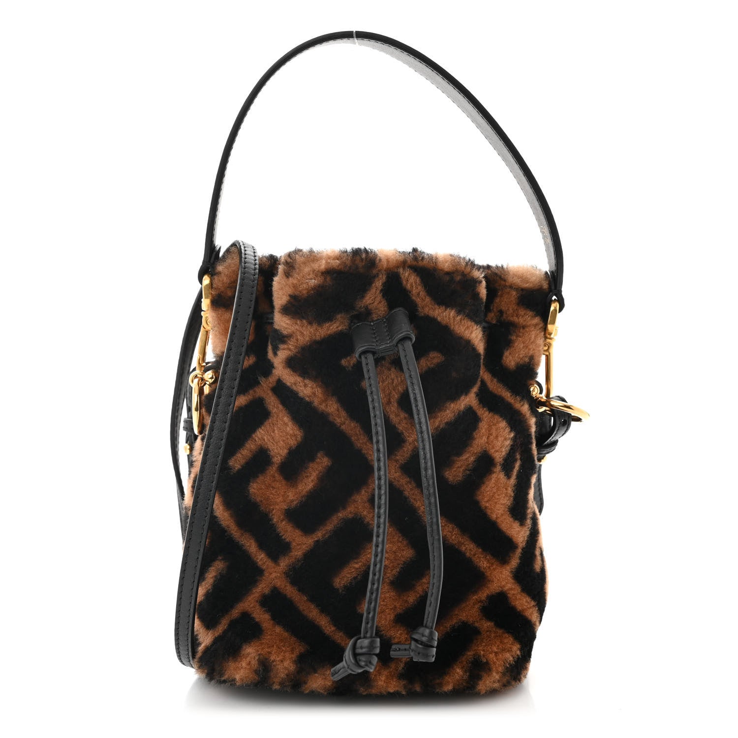 Fendi Shearling Vitello Dolce F is Fendi Macro FF 1974 Mini Mon Tresor Bucket Bag Tobacco Black 1 of 10