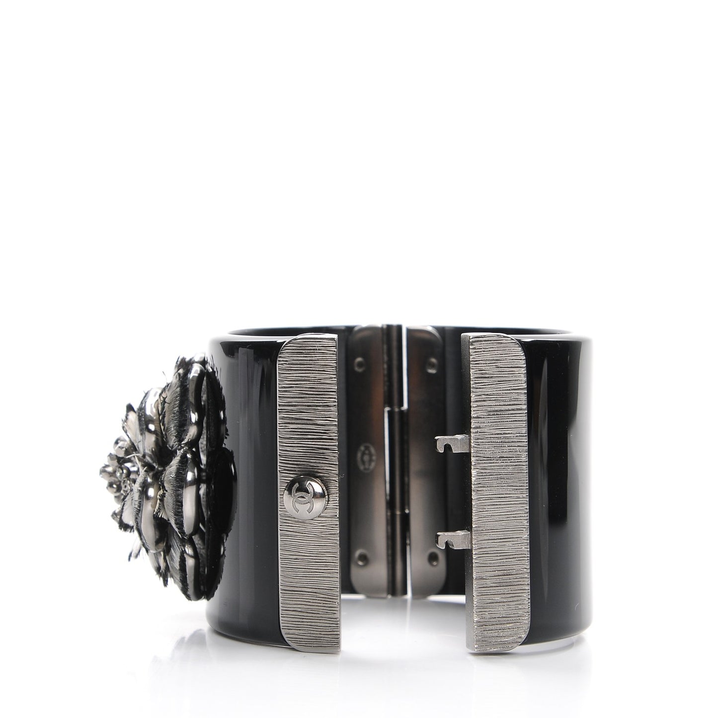 Resin Crystal Feather CC Camellia Wide Cuff Black