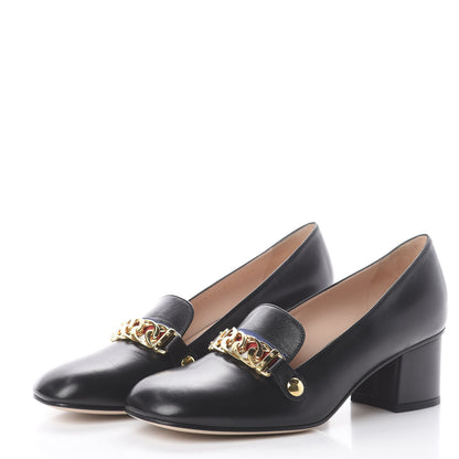 Gucci Malaga Kid Sylvie Web Chain Mid Heel Loafers 38 Black 2 of 7