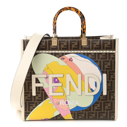 Fendi Glazed Fabric Vitello King Plexiglass FF 1974 Logo Hairdo Girls Inlay Medium Fendi Sunshine Shopper Tote Mogano Panna Multicolor 2 of 16