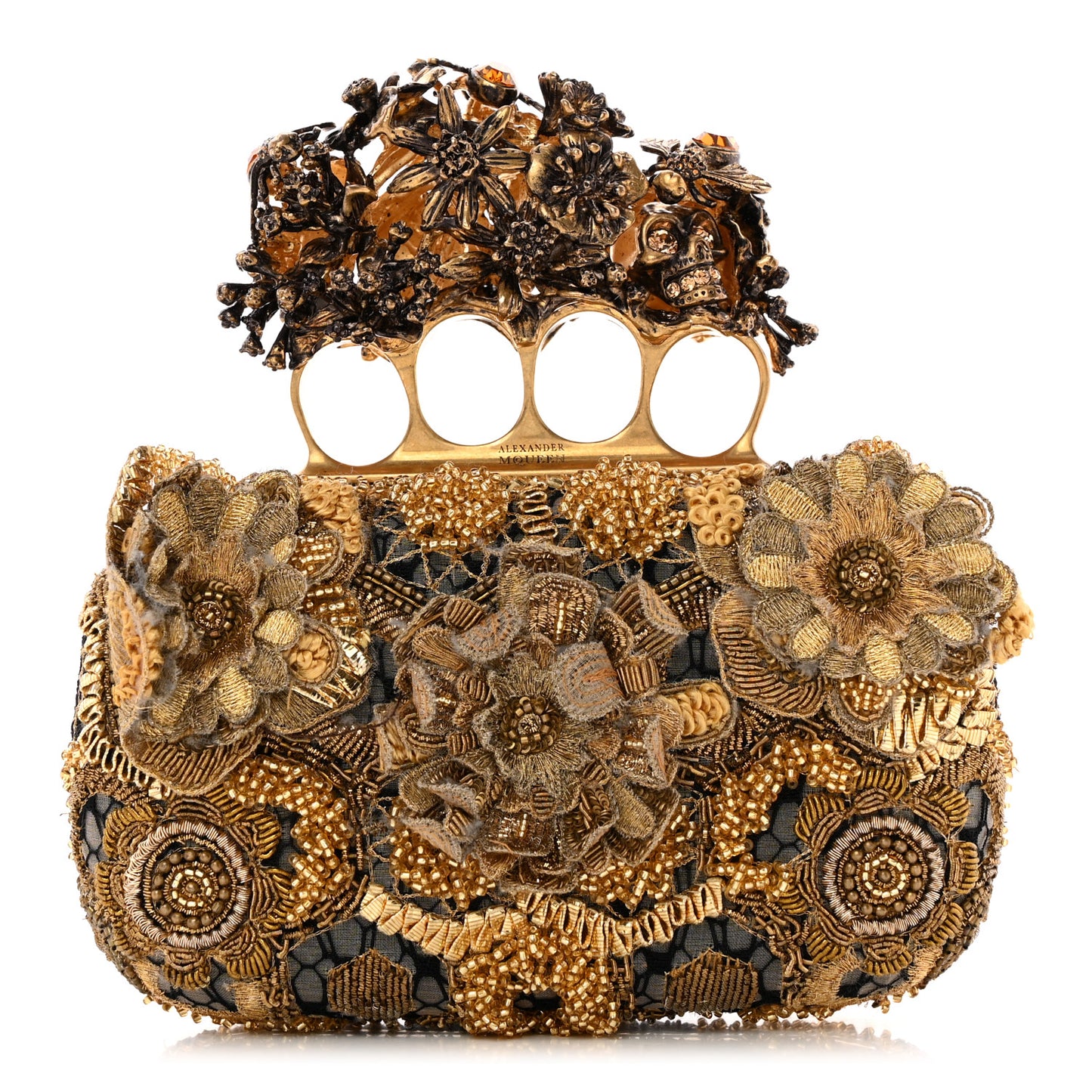 Embellished Flower Knuckle Box Clutch Gold