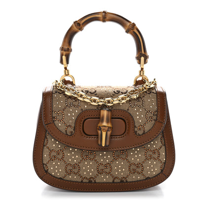 Gucci New Canvas Charisma Calfskin Crystal GG Monogram Small Bamboo 1947 Top Handle Bag Camel Ebony 1 of 10
