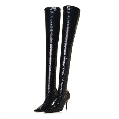 Balenciaga Metallic Sequin Spandex 110mm Knife Thigh High Boots 38 Black 3 of 7