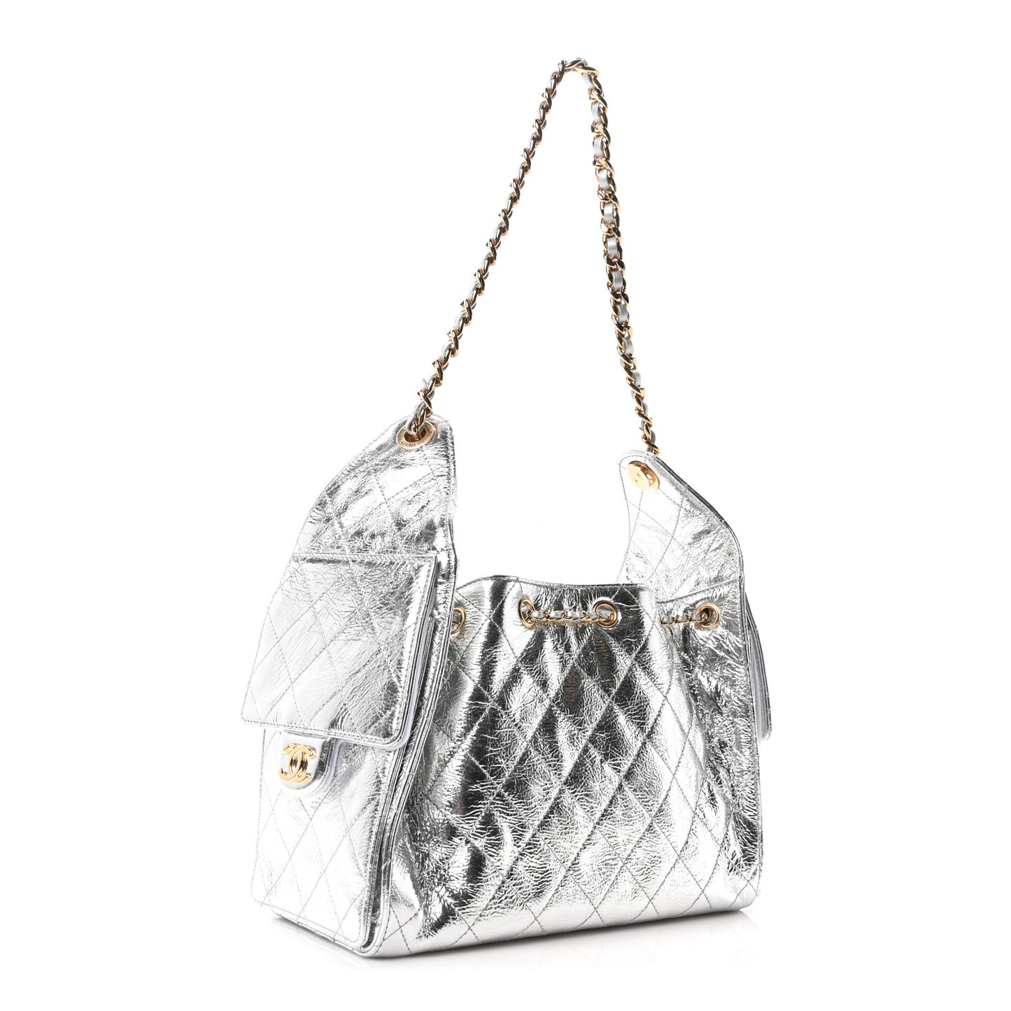 Metallic Aged Calfskin Quilted Small Chanel 25 Handbag Silver