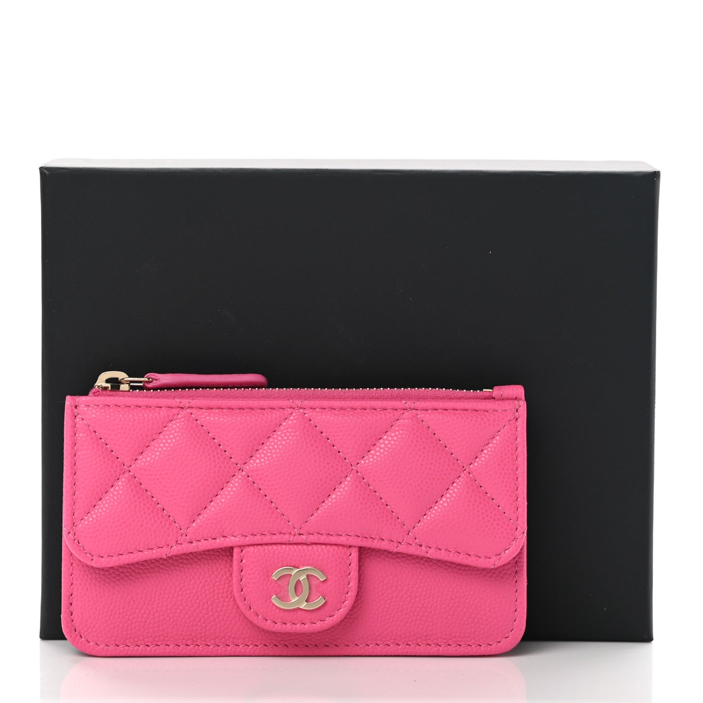 Caviar Quilted Flap Zip Card Holder Dark Pink