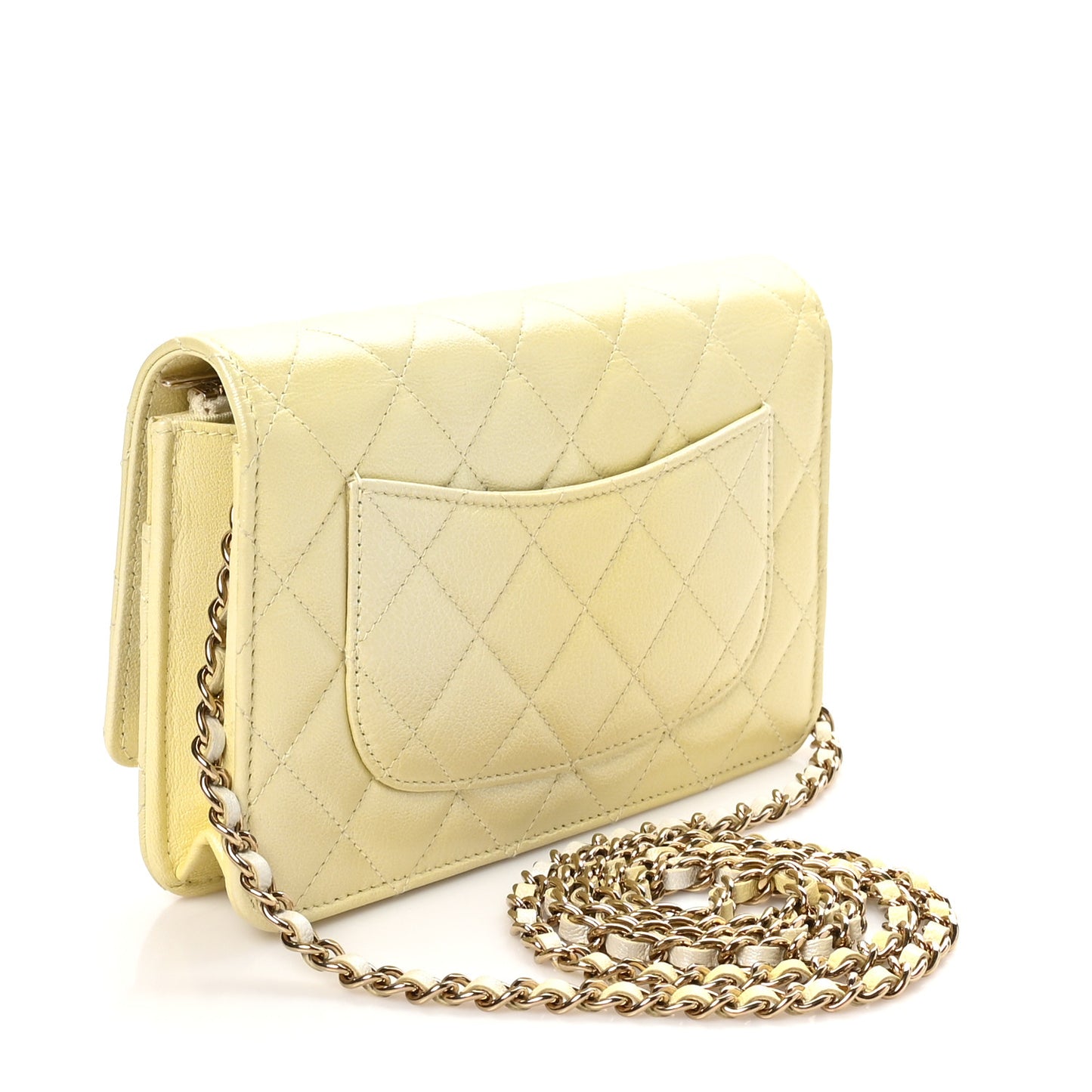 Iridescent Goatskin Quilted Wallet on Chain WOC Light Yellow