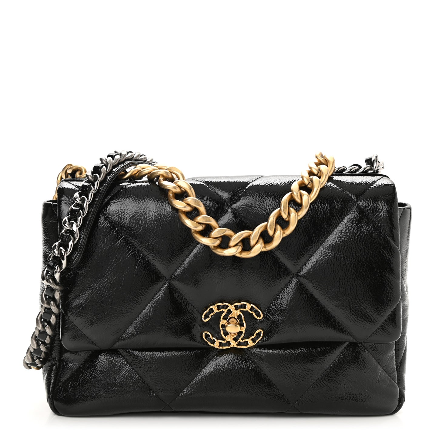 Shiny Crumpled Calfskin Quilted Large Chanel 19 Flap Black