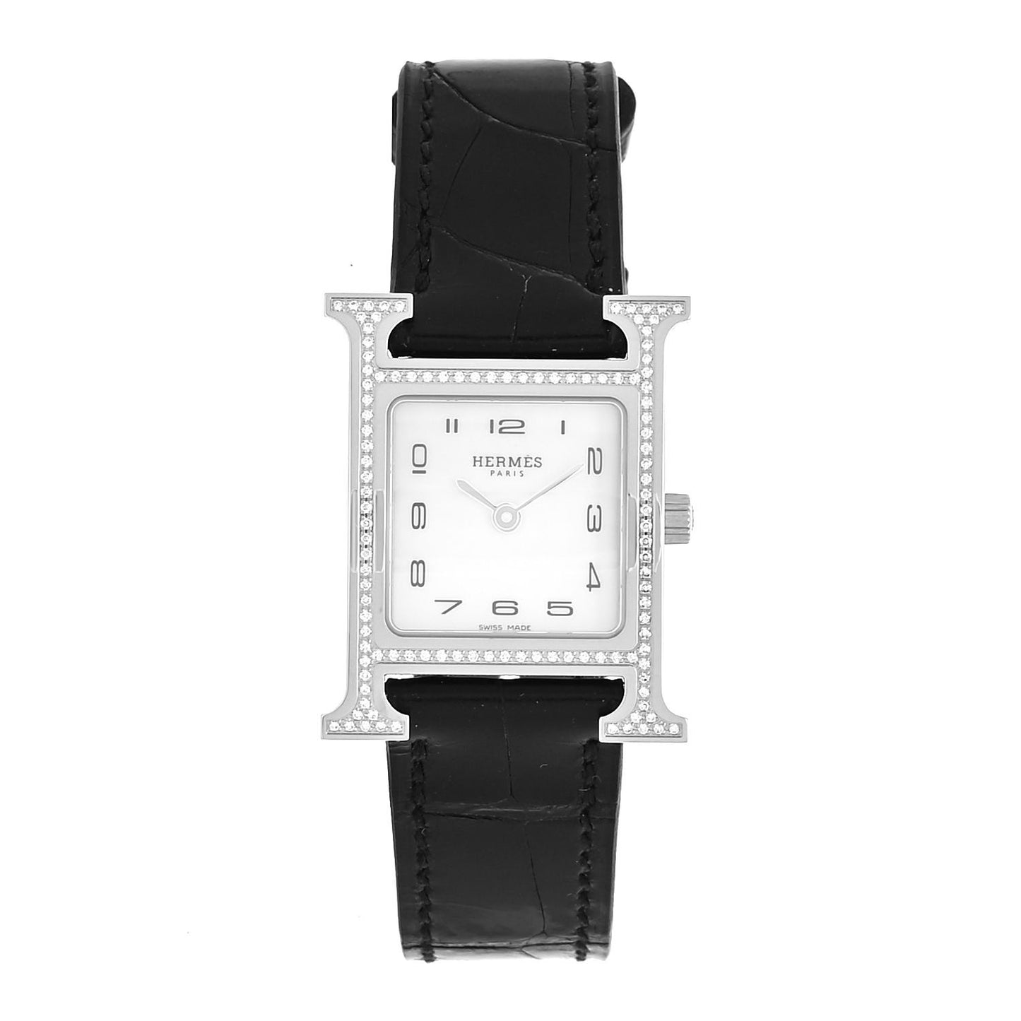Stainless Steel Alligator Diamond Bezel Mother of Pearl 21mm Heure H Hour Quartz Watch Noir