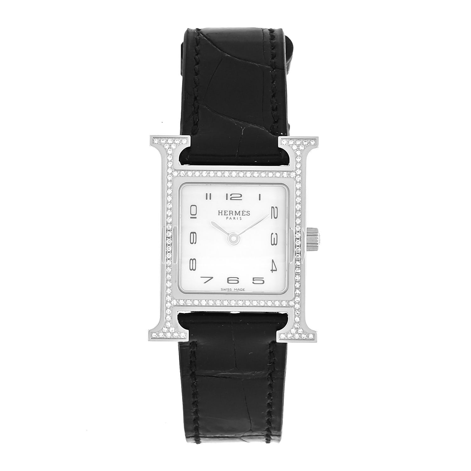 Hermes Stainless Steel Alligator Diamond Bezel Mother of Pearl 21mm Heure H Hour Quartz Watch Noir 1 of 5
