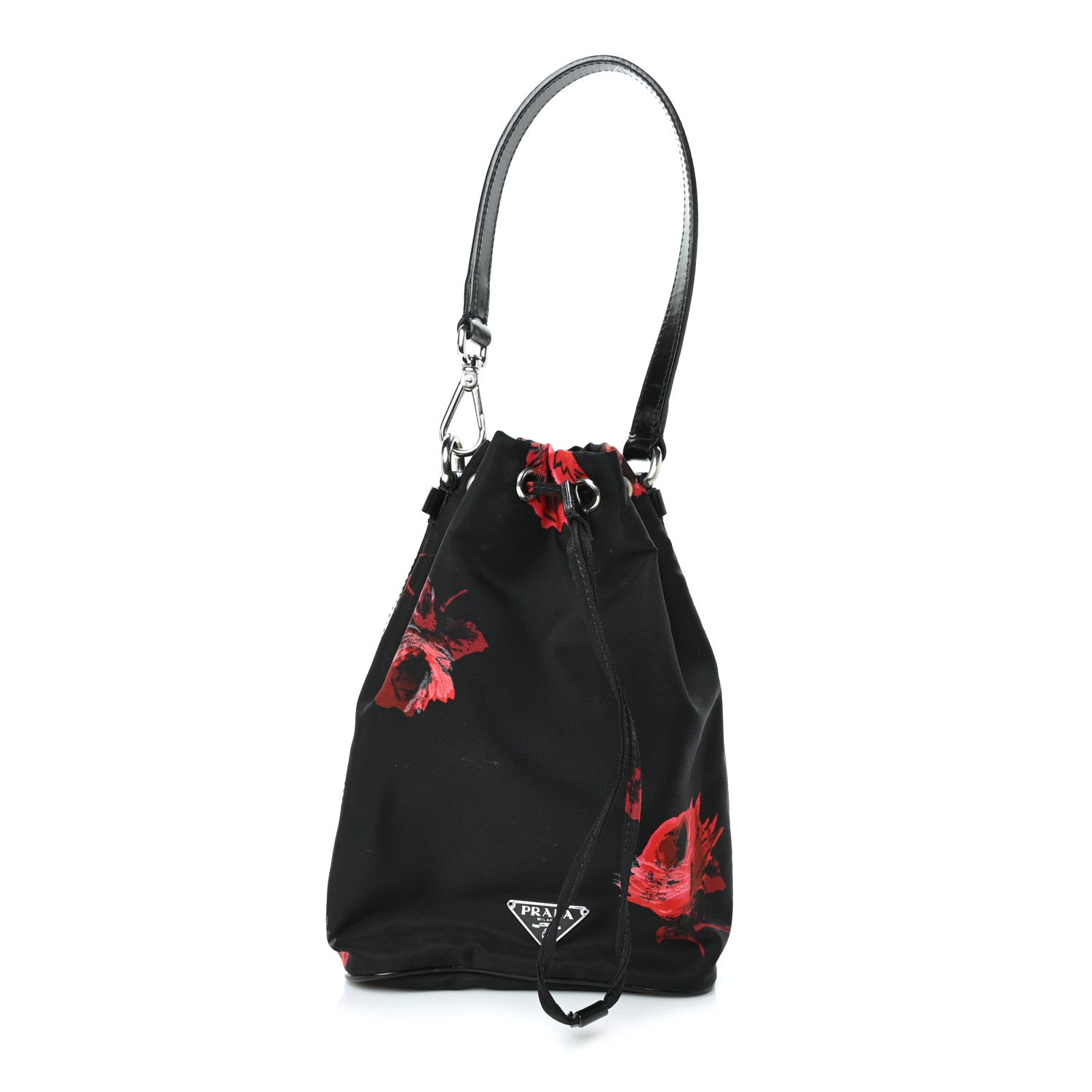 Prada Tessuto Nylon Spazzolato Rose Print Bucket Bag Black Rosso 1 of 7