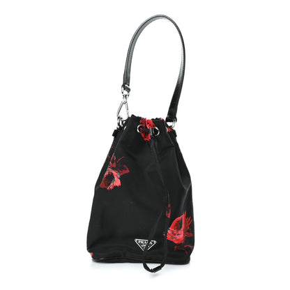 Prada Tessuto Nylon Spazzolato Rose Print Bucket Bag Black Rosso 1 of 7