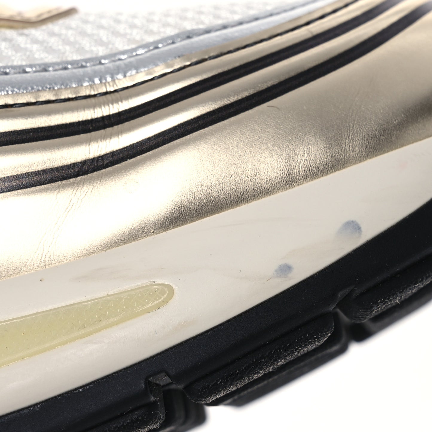 Fabric Laminated Calfskin Stretch CC Womens Sneakers 37.5 White Gold Silver