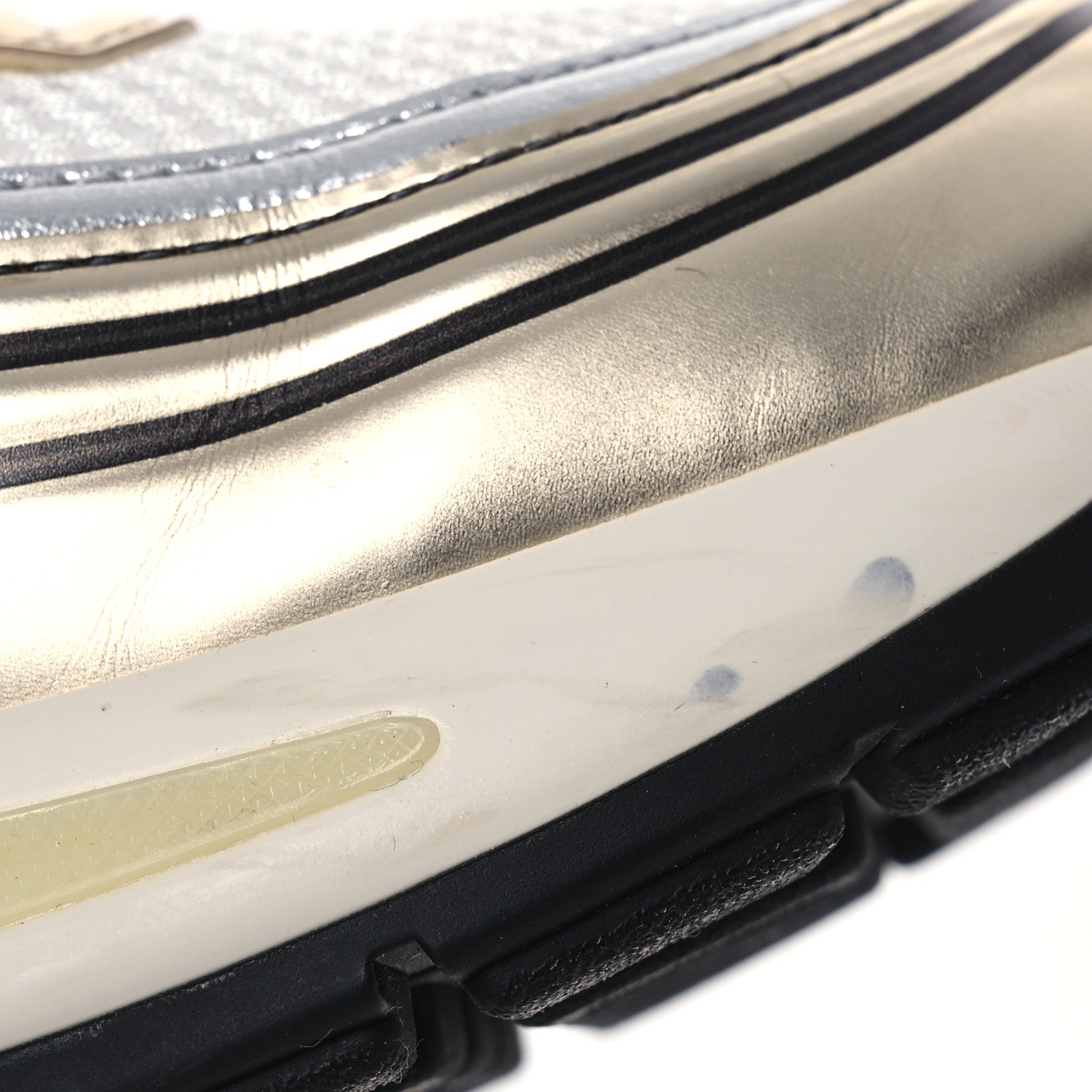 Chanel Fabric Laminated Calfskin Stretch CC Womens Sneakers 37.5 White Gold Silver 13 of 14