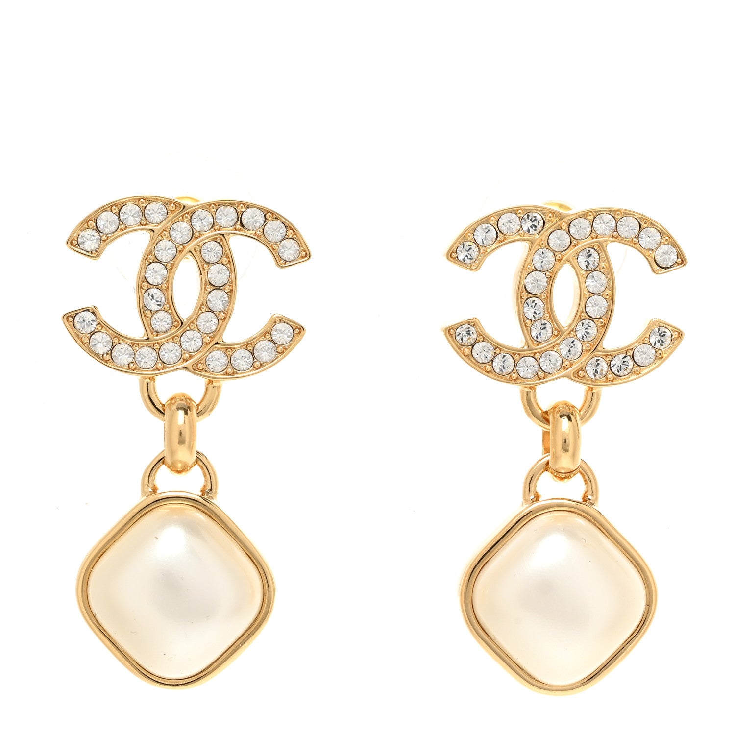 Chanel Metal Crystal Pearl CC Drop Earrings Gold 1 of 5