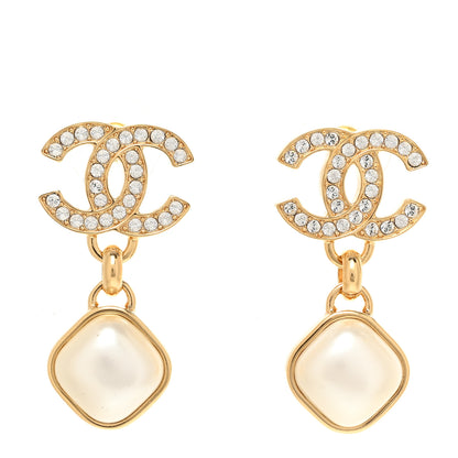 Chanel Metal Crystal Pearl CC Drop Earrings Gold 1 of 5