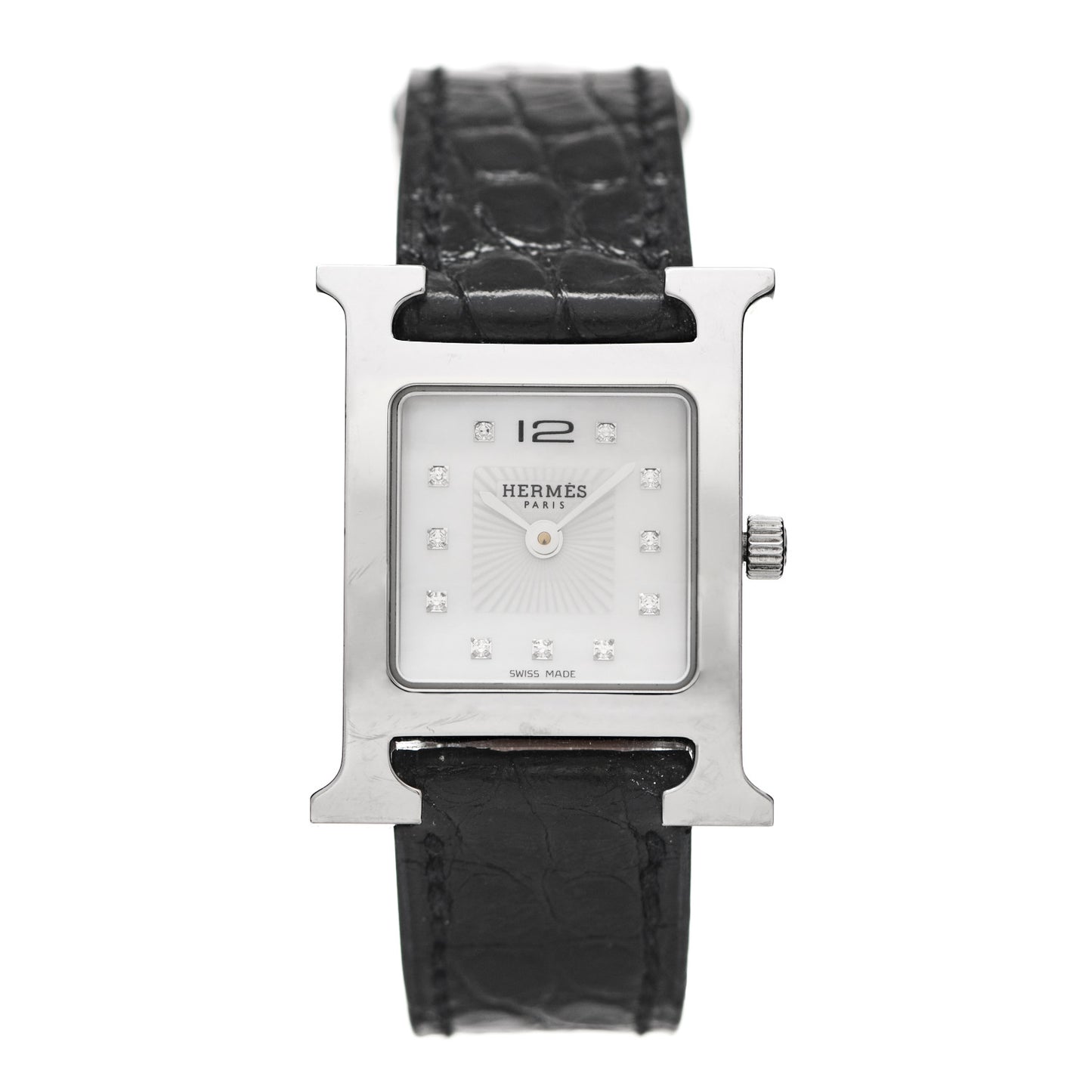 Stainless Steel Alligator Diamond Mother of Pearl 21mm Heure H Hour Quartz Watch Noir