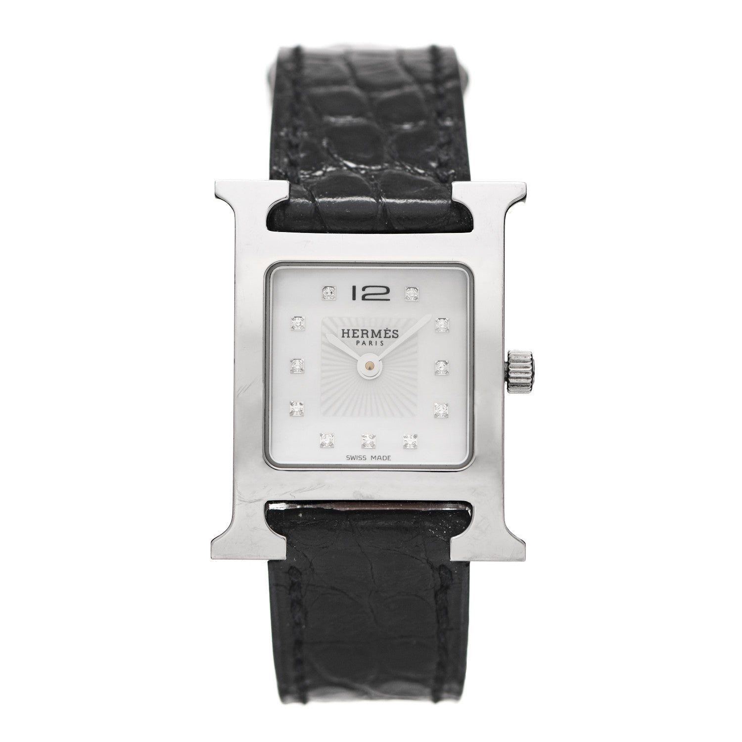 Hermes Stainless Steel Alligator Diamond Mother of Pearl 21mm Heure H Hour Quartz Watch Noir 1 of 6