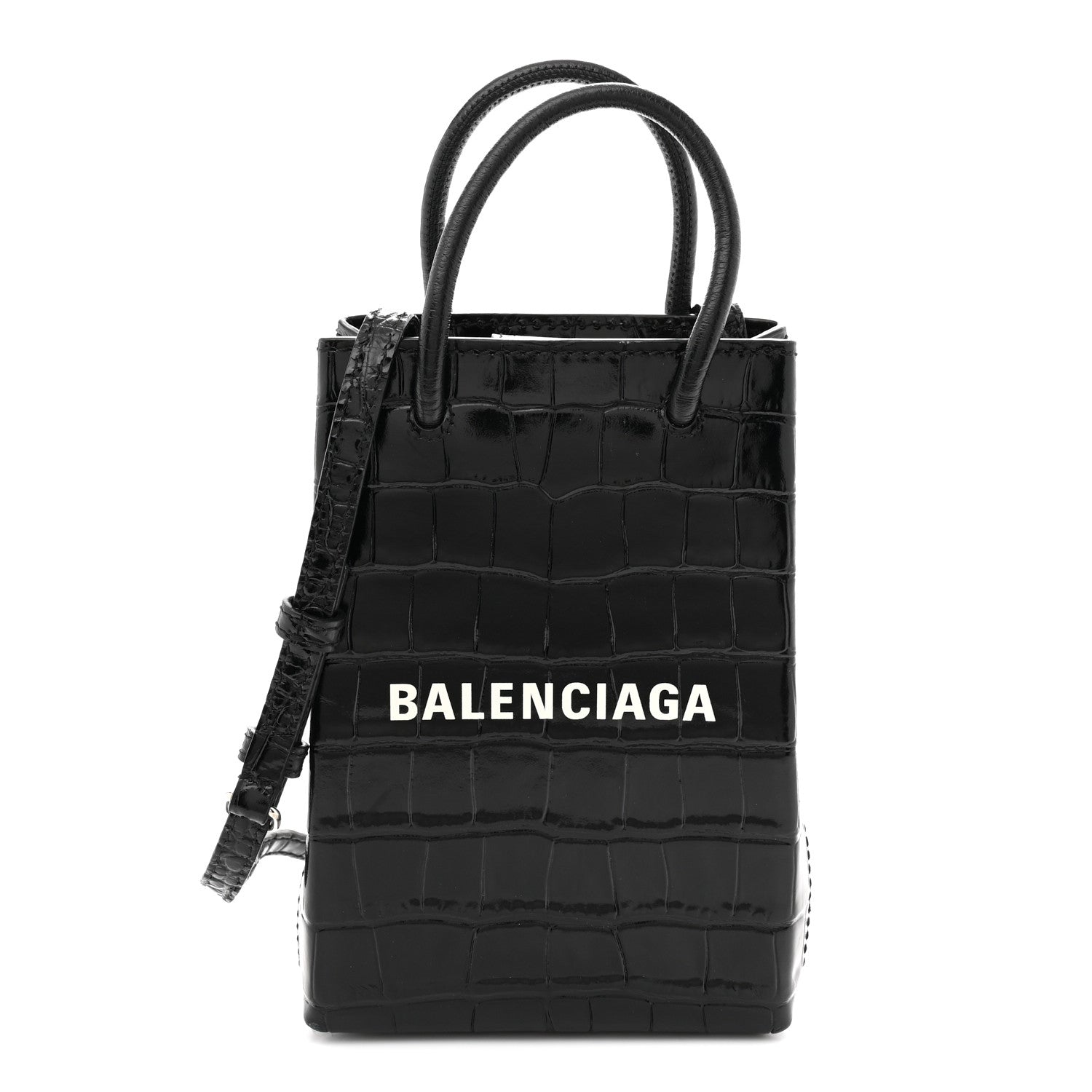 Balenciaga Calfskin Crocodile Embossed Logo Shopping Phone Holder Bag Black 1 of 9