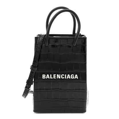 Balenciaga Calfskin Crocodile Embossed Logo Shopping Phone Holder Bag Black 1 of 9