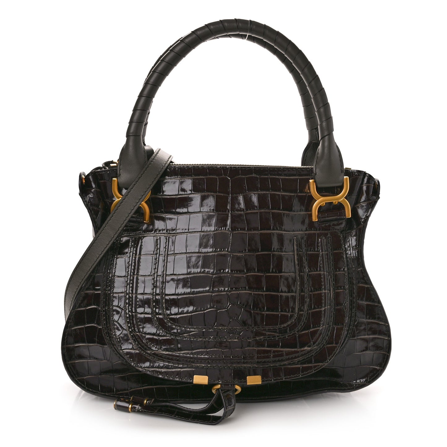 Calfskin Crocodile Embossed Small Marcie Satchel Profound Brown