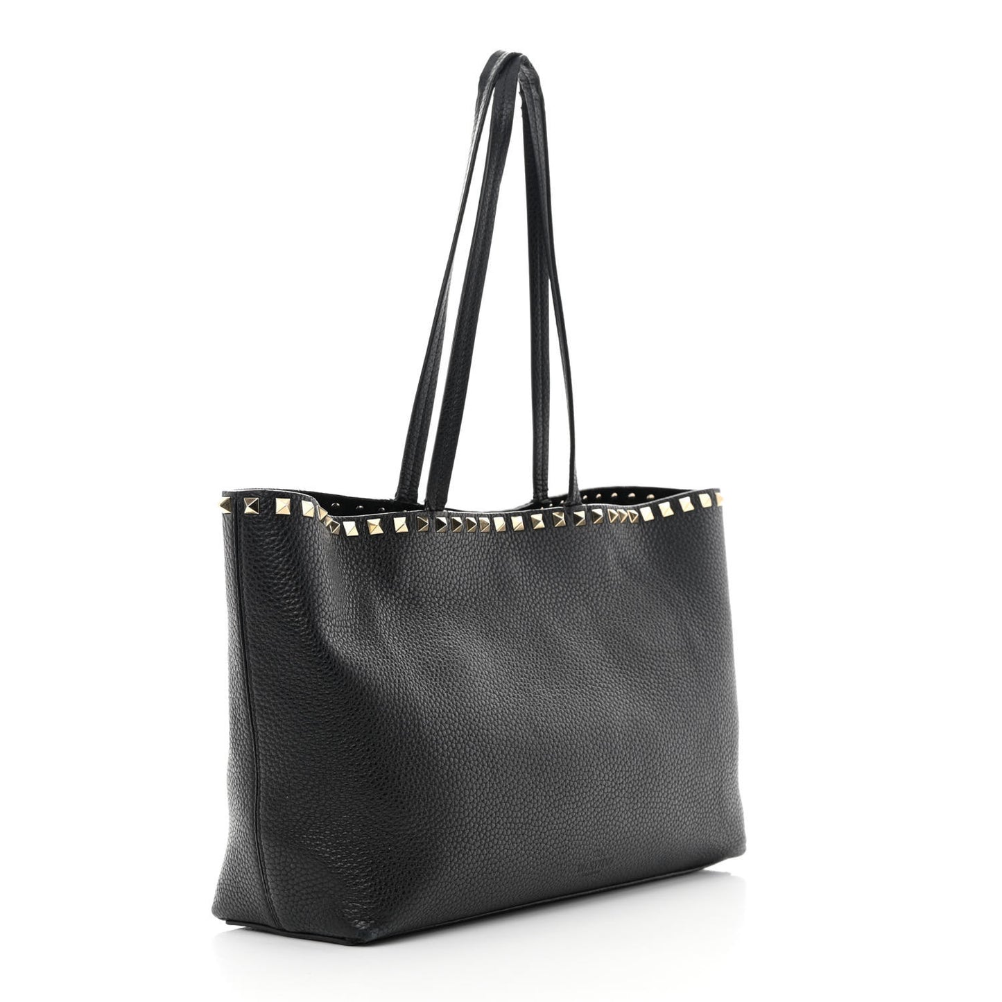 Grained Calfskin Small Rockstud Shoulder Tote Black