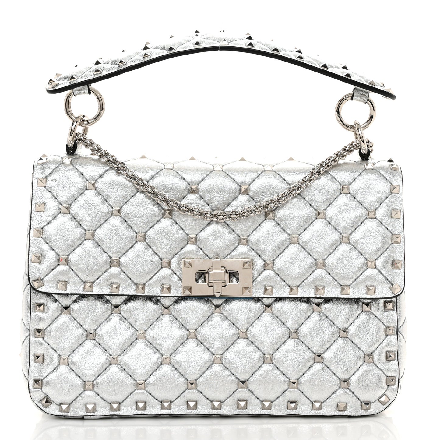 Metallic Nappa Medium Rockstud Spike Shoulder Bag Silver