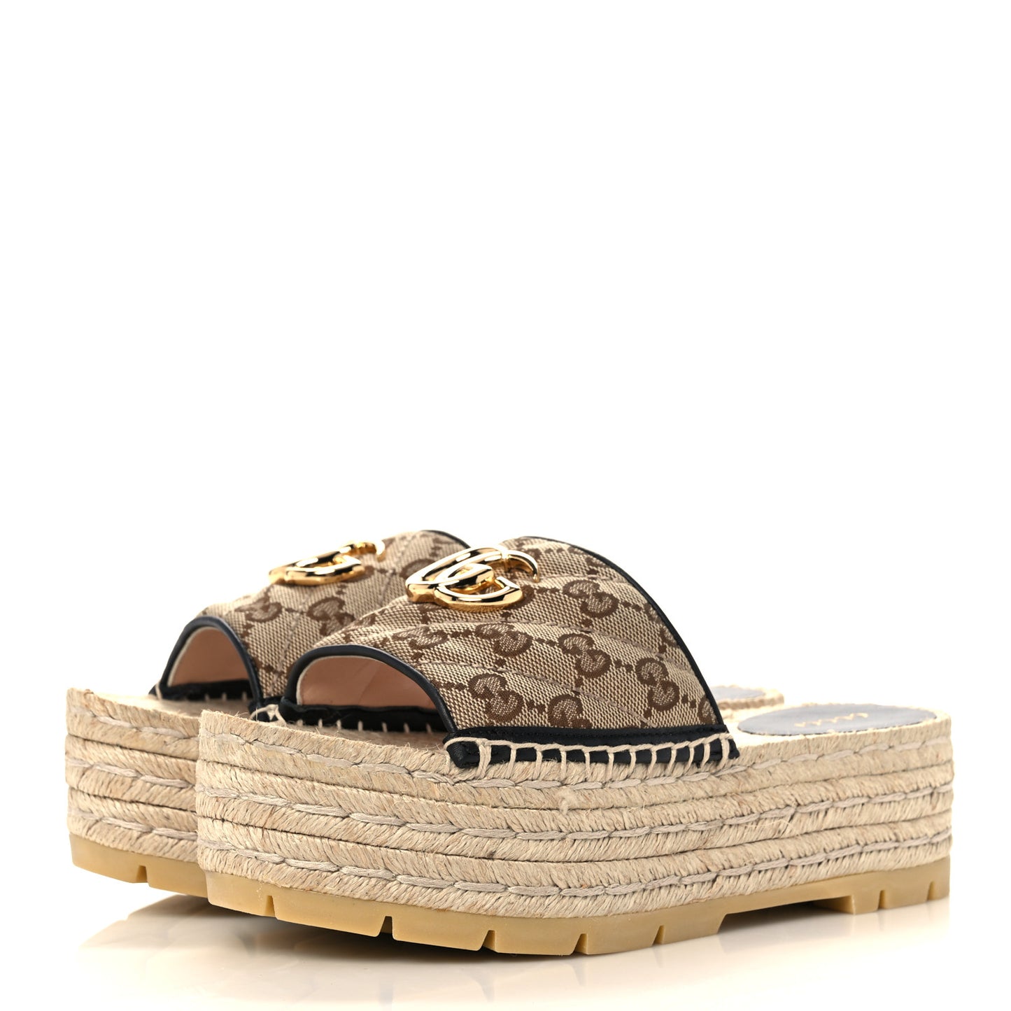 Monogram Matelasse Diagonal GG Marmont Platform Espadrille Slide Sandals 36 Beige Ebony Black