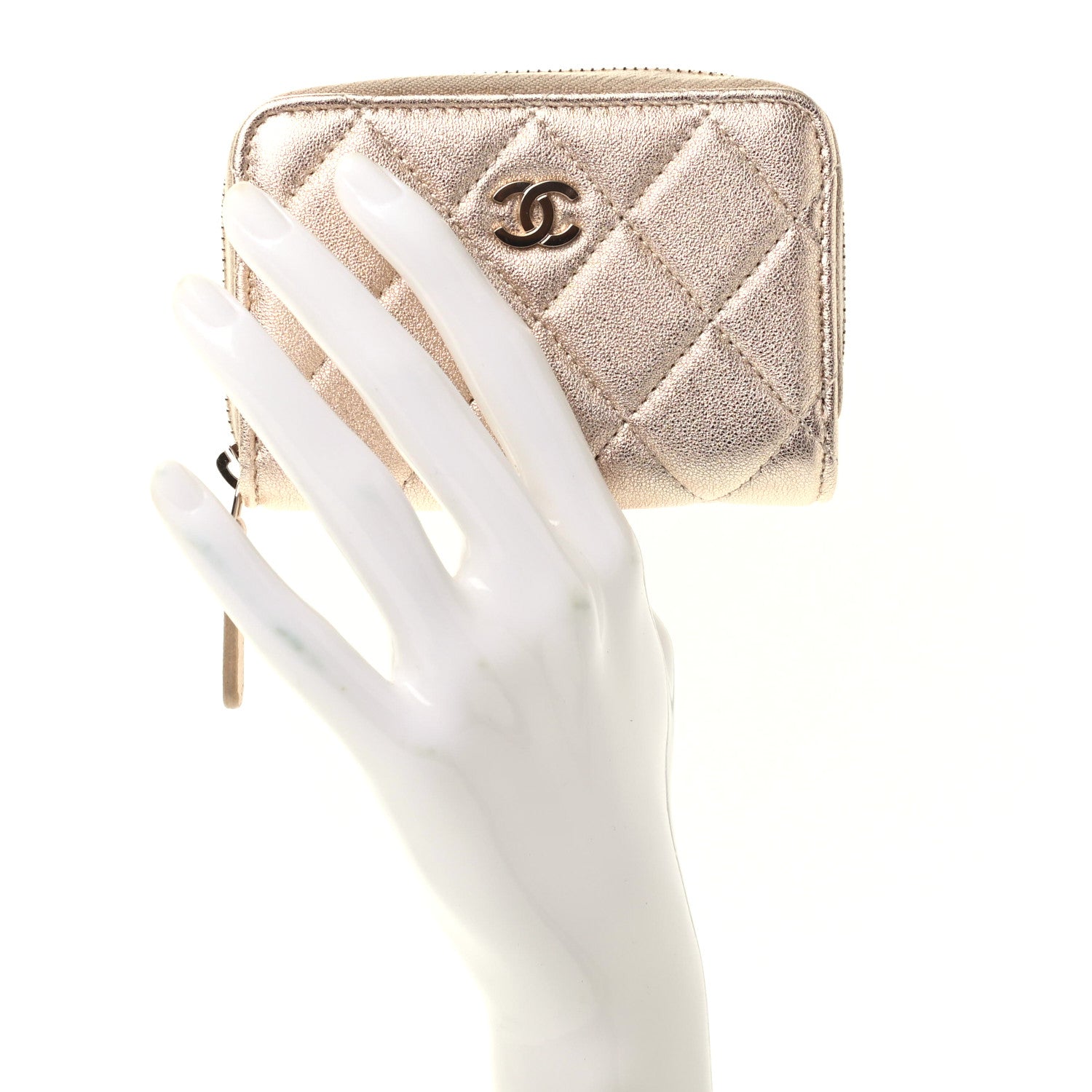 Chanel Metallic Lambskin Quilted Zip Coin Purse Wallet Gold 2 of 8