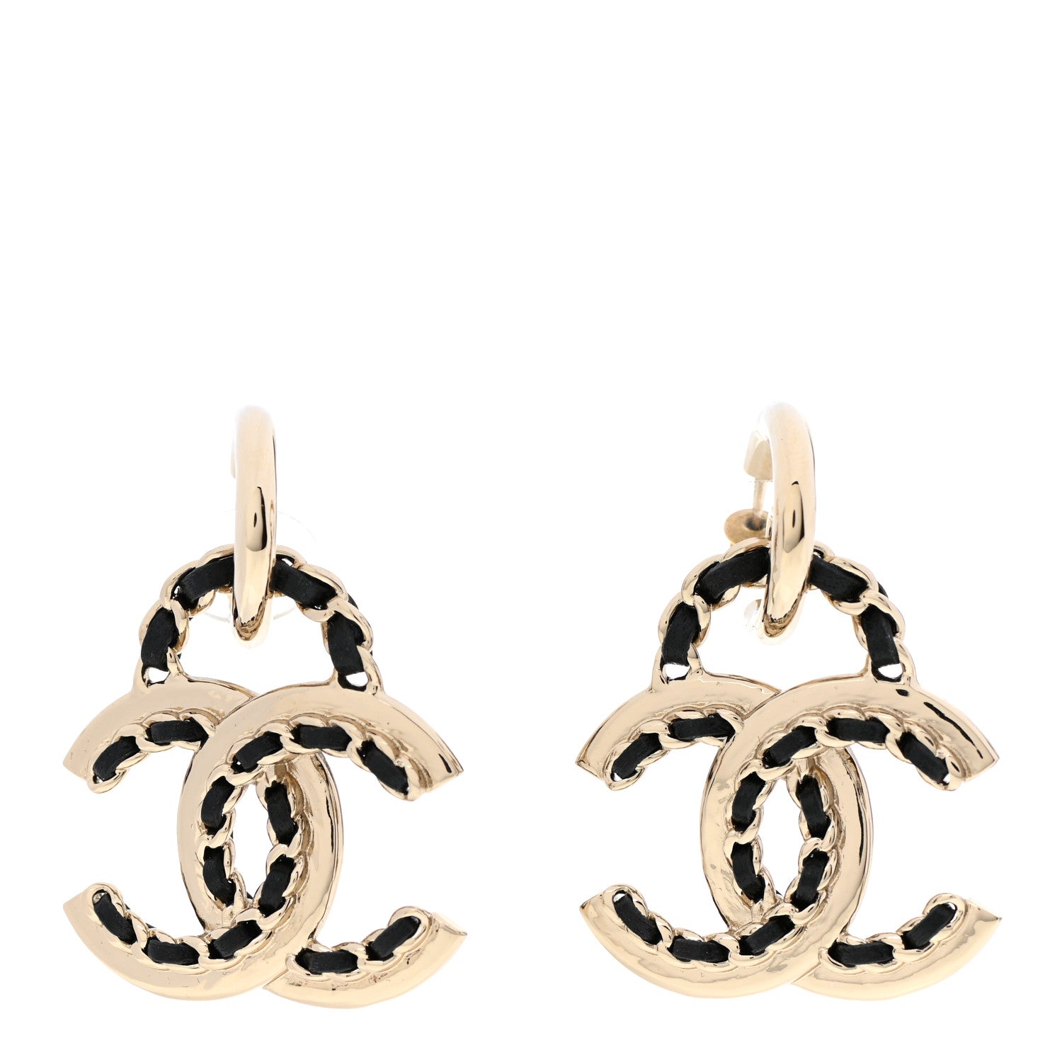 Chanel Lambskin Chain CC Drop Earrings Black Gold 1 of 5
